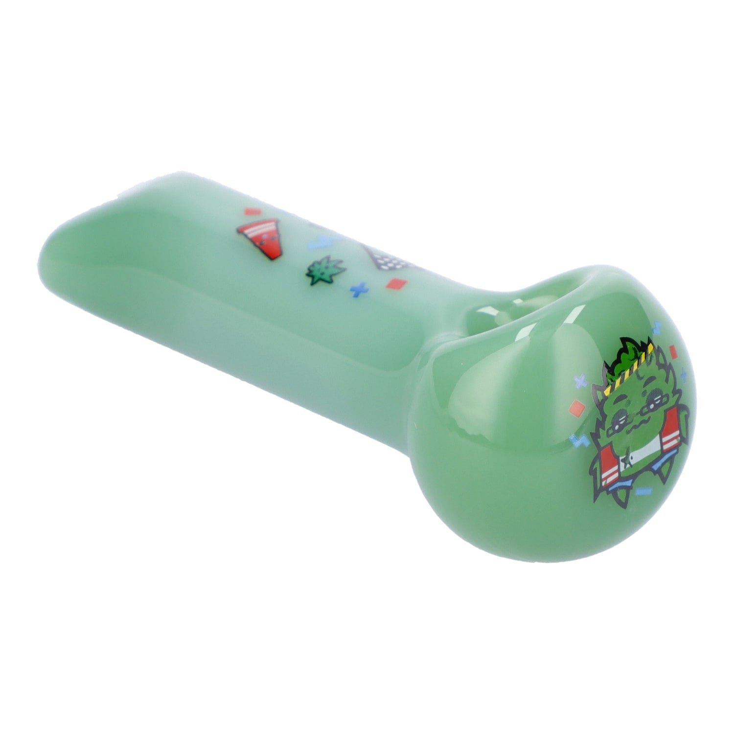 Angled close-up of the milky green Famous X 4" Sour Diesel Hand Pipe showing its bulbous bowl end with a cartoon character decal and small colorful icons along the stem