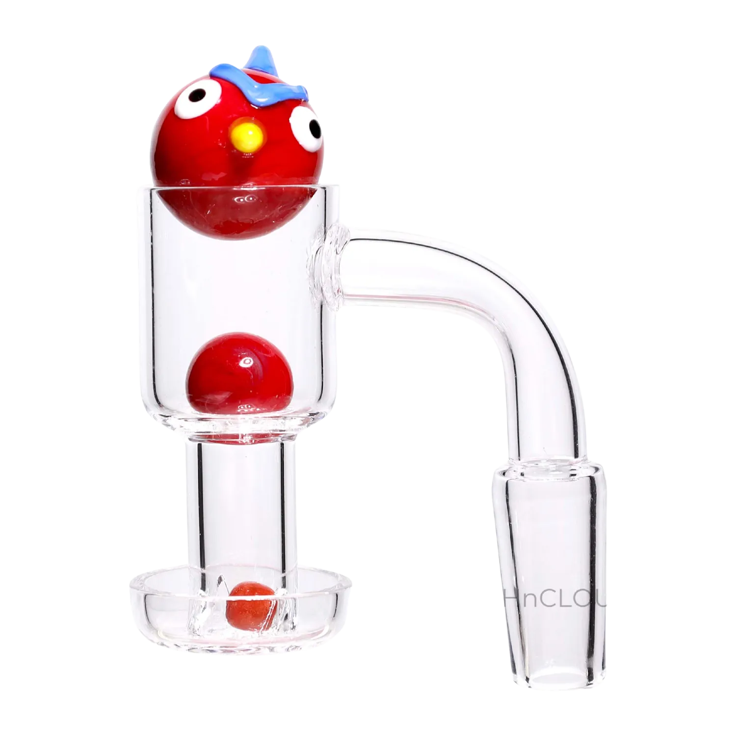 Close-up side view of the DHC Angry Bird Terp Slurper Banger Set - 14mm showing a red Angry Bird glass marble perched inside the clear quartz banger with a white background.