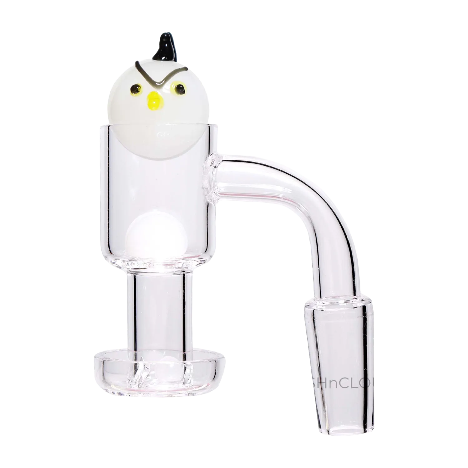 Close-up front view of the DHC Angry Bird Terp Slurper Banger Set - 14mm showing a clear glass joint and chamber topped by a white angry bird glass cap with yellow beak and black crest.