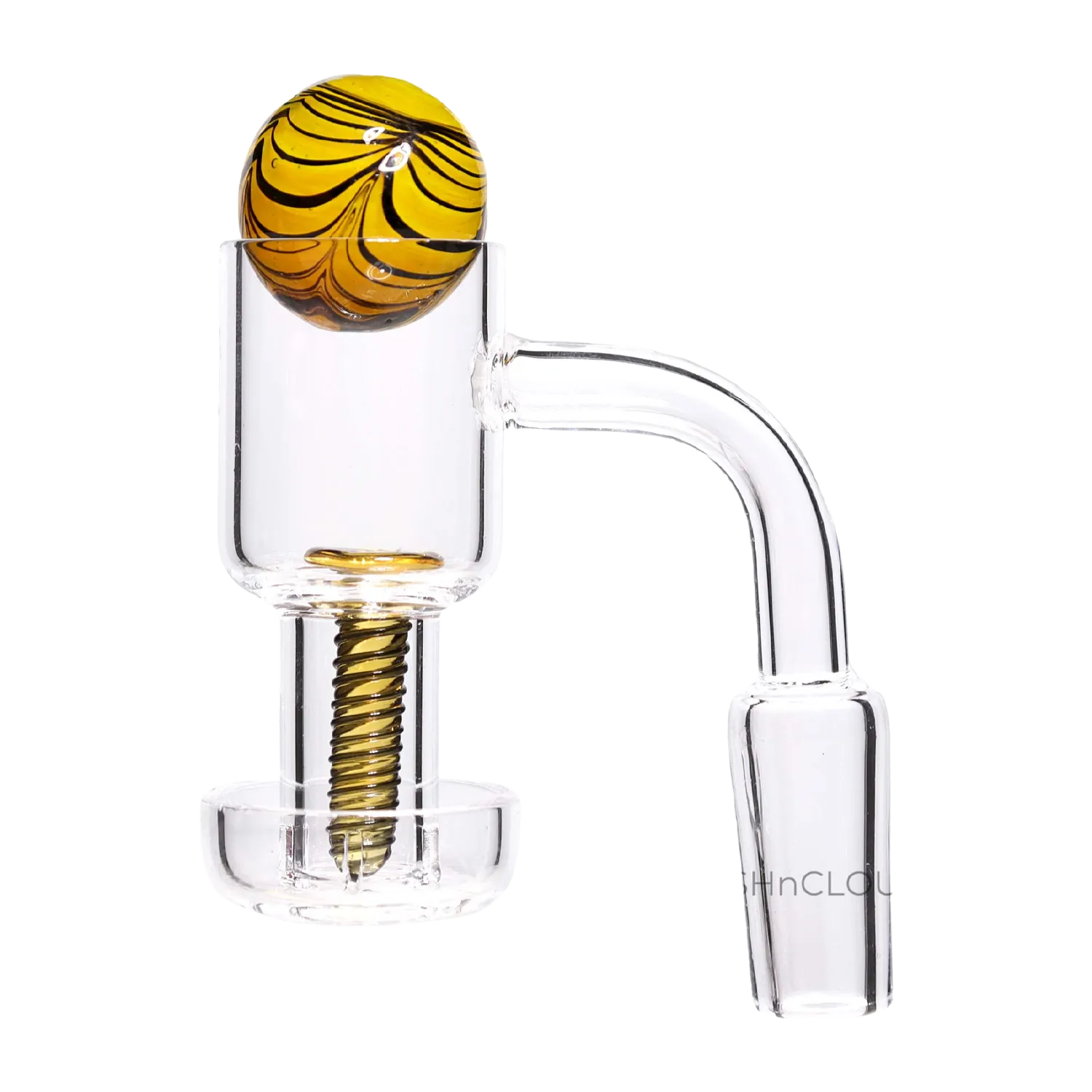 Close-up side view of the DHC Spider Terp Slurper Banger Set - 90 degree - Male 14mm showing a clear glass banger with a gold-striped terp pearl seated at the top and a 90-degree male joint to the right.