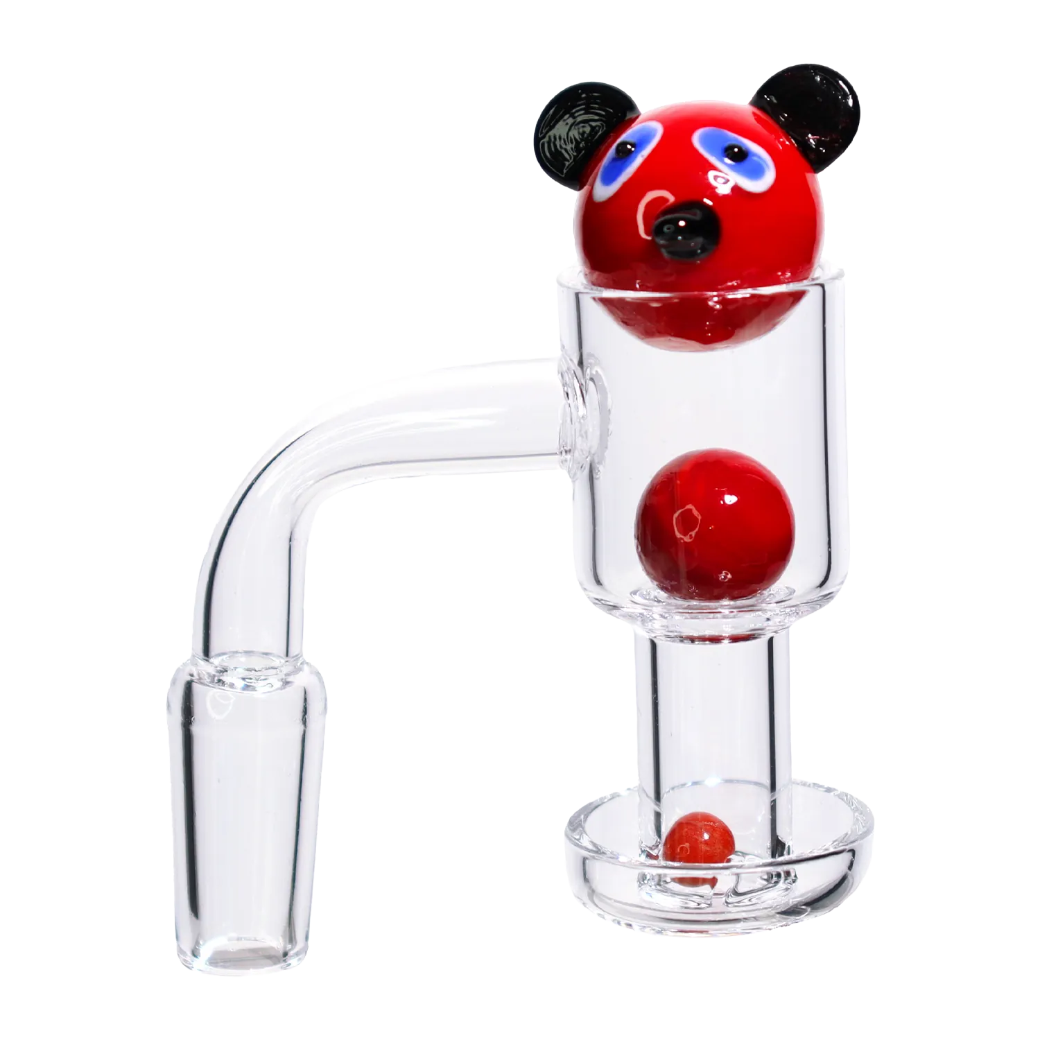 Close-up, right-side view of the DHC Bear Terp Slurper Banger Set - 14mm showing a clear glass slurper with a red bear-head carb cap and two red marbles inside.