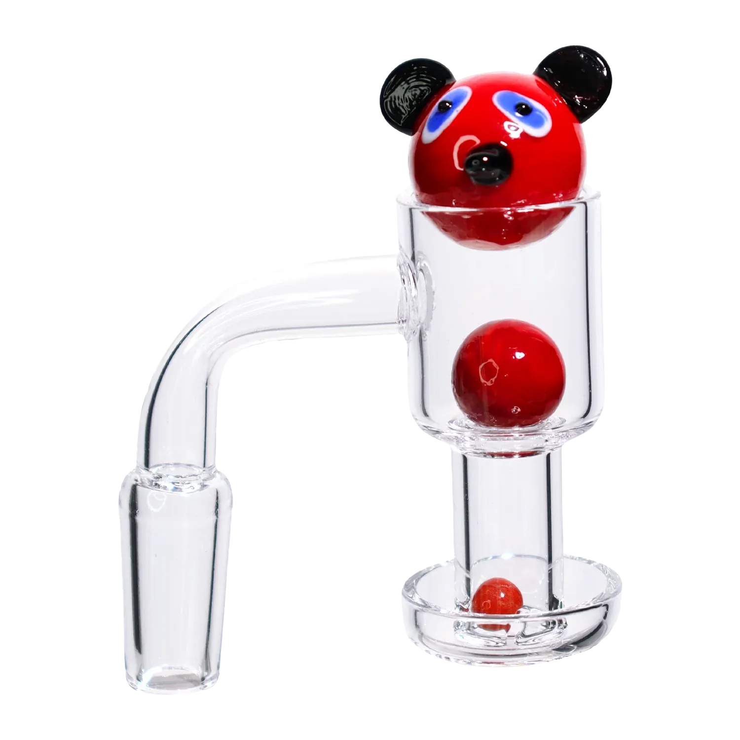 Close-up front view of the DHC Bear Terp Slurper Banger Set - 14mm showing a clear glass slurper with three red glass marbles, the top one shaped like a red bear head with black ears and blue eye accents.