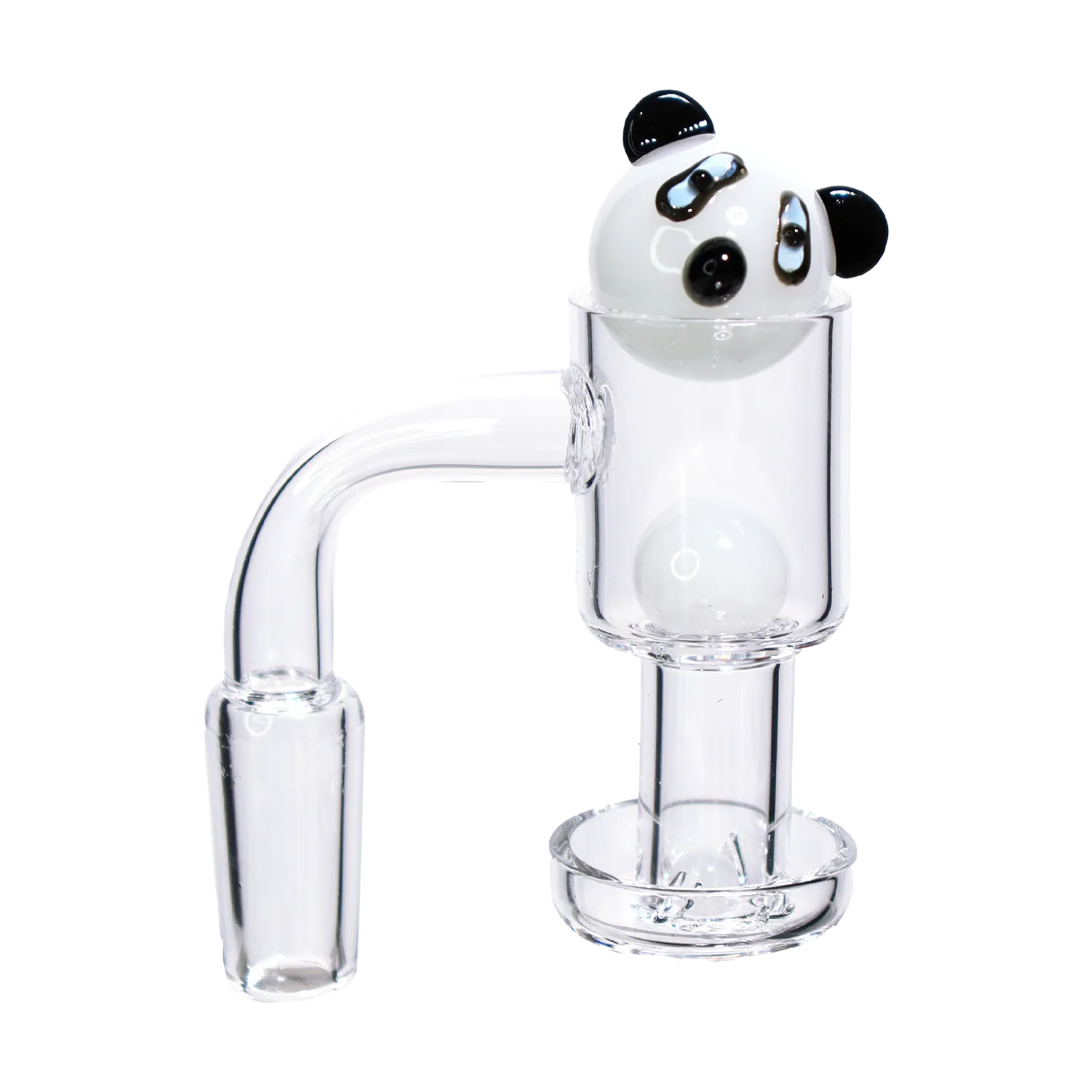 Close-up of the DHC Bear Terp Slurper Banger Set - 14mm showing a clear glass slurper chamber with a white panda-shaped marbled cap and curved joint against a white background