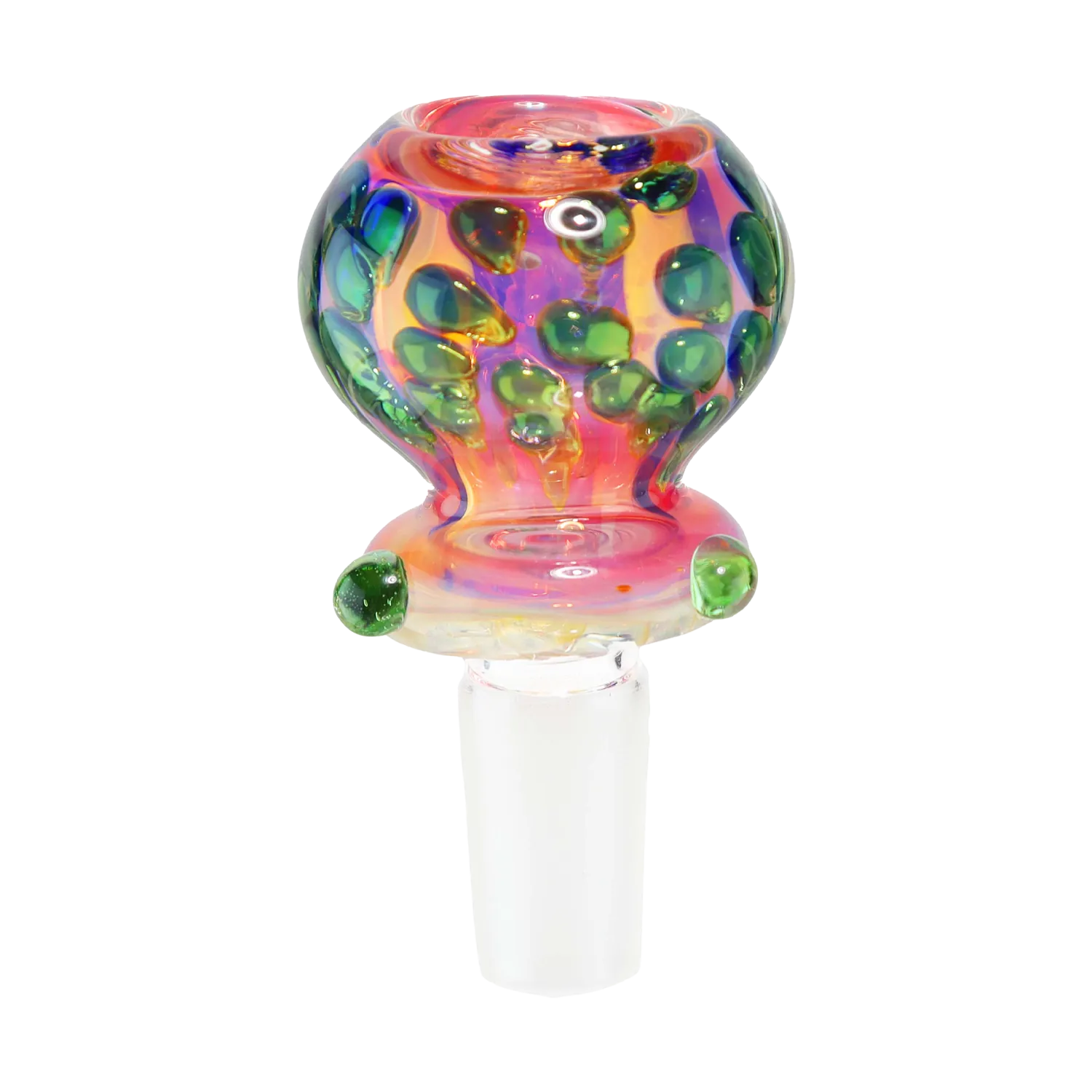 Close-up front view of the DHC Twisted Multicolor Ring Bowl - 14mm showing its iridescent pink-orange glass with raised green teardrop dots and a white glass joint.