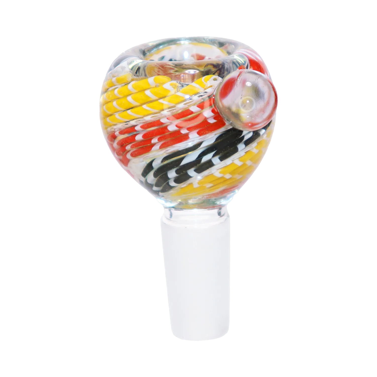 Close-up front view of the DHC Curvy Piping Bowl - 14mm showing colorful yellow, red and black twisted glass spirals against a white background.