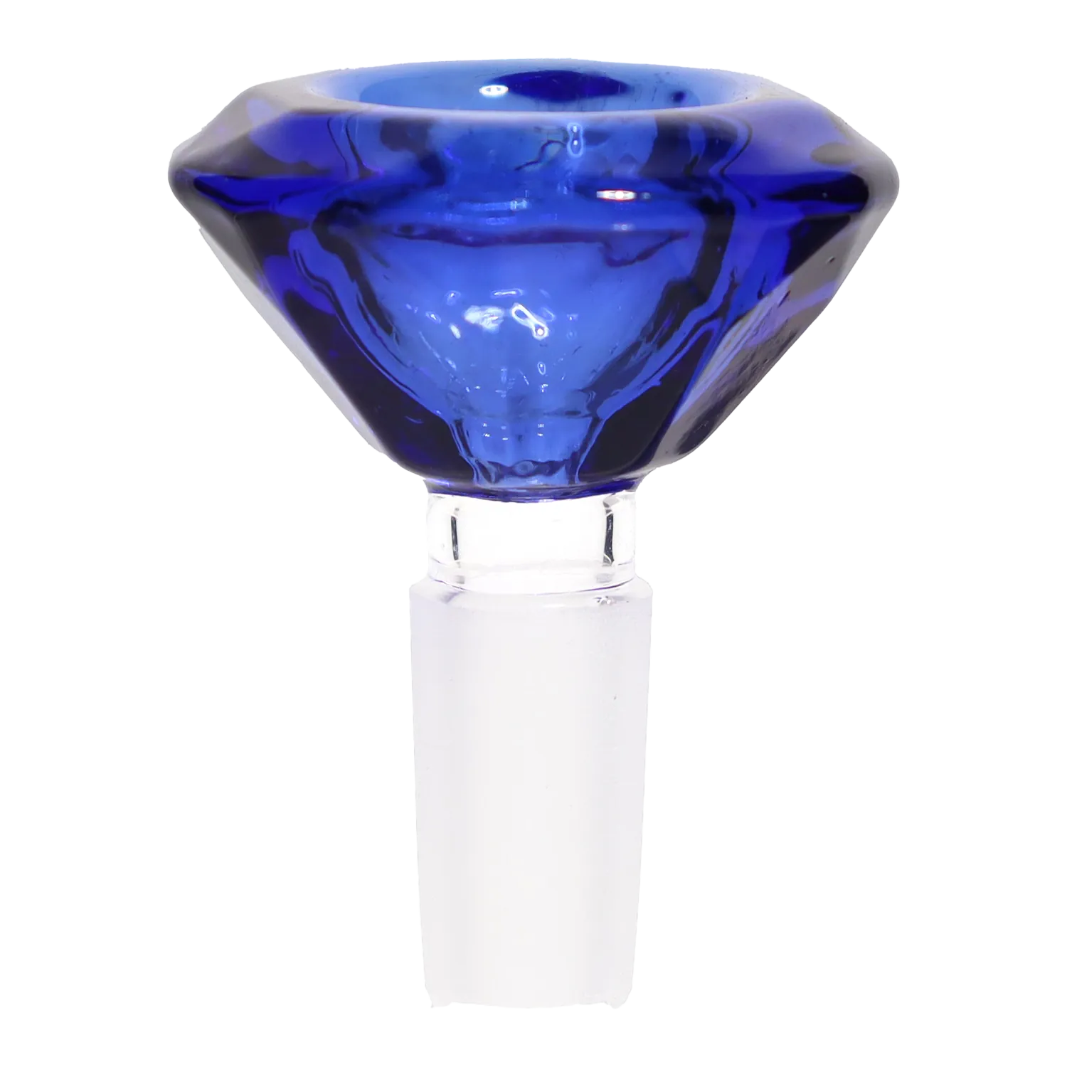 Close-up front view of the cobalt blue DHC Deluxe Diamond Bowl - 14mm showing its faceted, diamond-shaped glass bowl and clear frosted stem.
