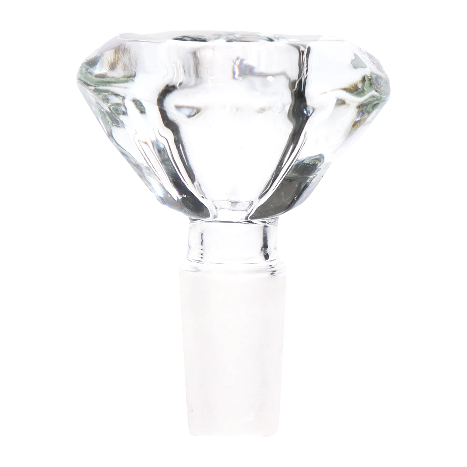 Close-up front view of the clear DHC Deluxe Diamond Bowl - 14mm showing its faceted, diamond-like glass head and frosted joint against a white background.