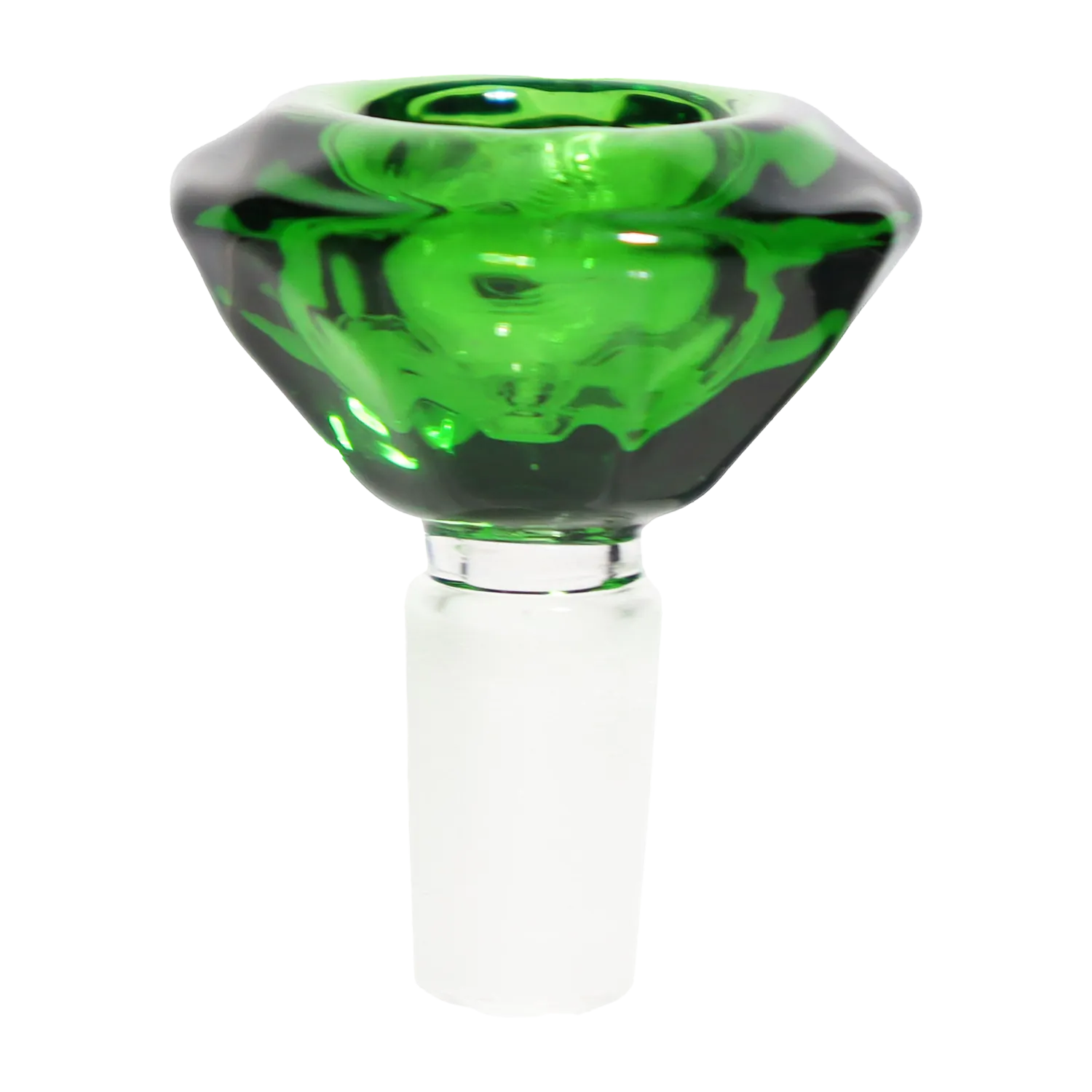 Close-up front view of the green glass DHC Deluxe Diamond Bowl - 14mm showing its faceted, diamond-like top and clear stem against a white background