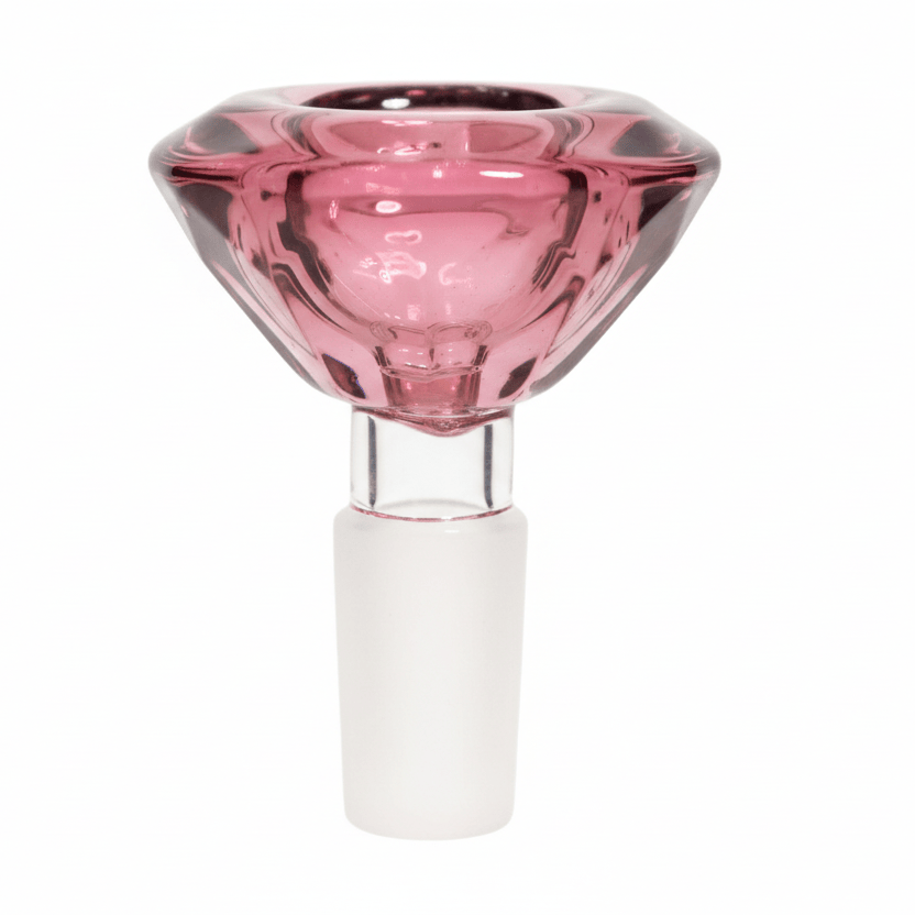 Close-up front view of the DHC Deluxe Diamond Bowl - 14mm showing a faceted pink glass bowl atop a clear joint against a white background.