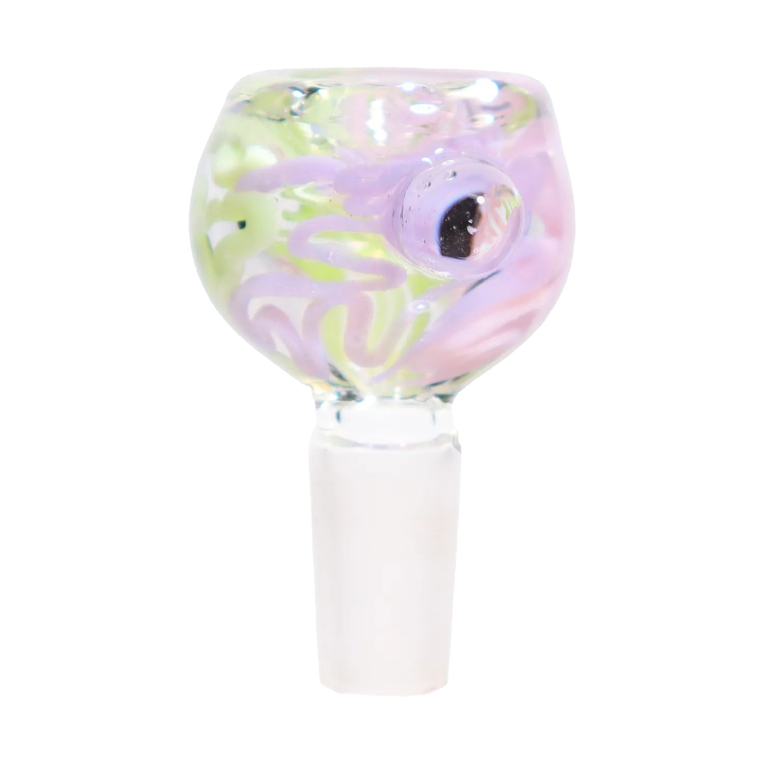 Close-up front view of the DHC Color Slime Bowl - 14mm showing a pastel swirled glass bowl with pink and lime ribbons against a white background