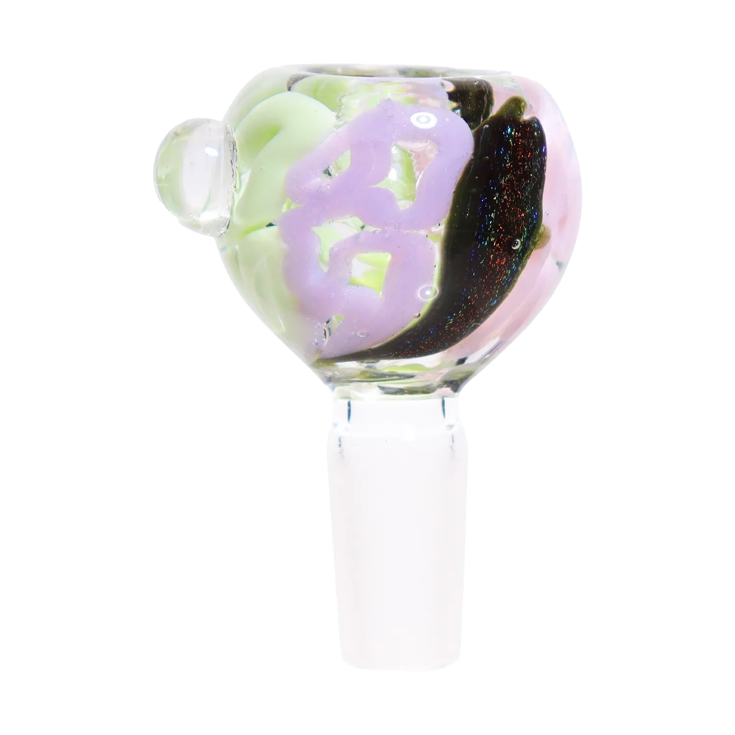 Close-up front view of the DHC Dichro Slime Swirl Bowl - 14mm showing a rounded glass bowl with lavender and pale green swirls and a glittery black dichroic crescent.