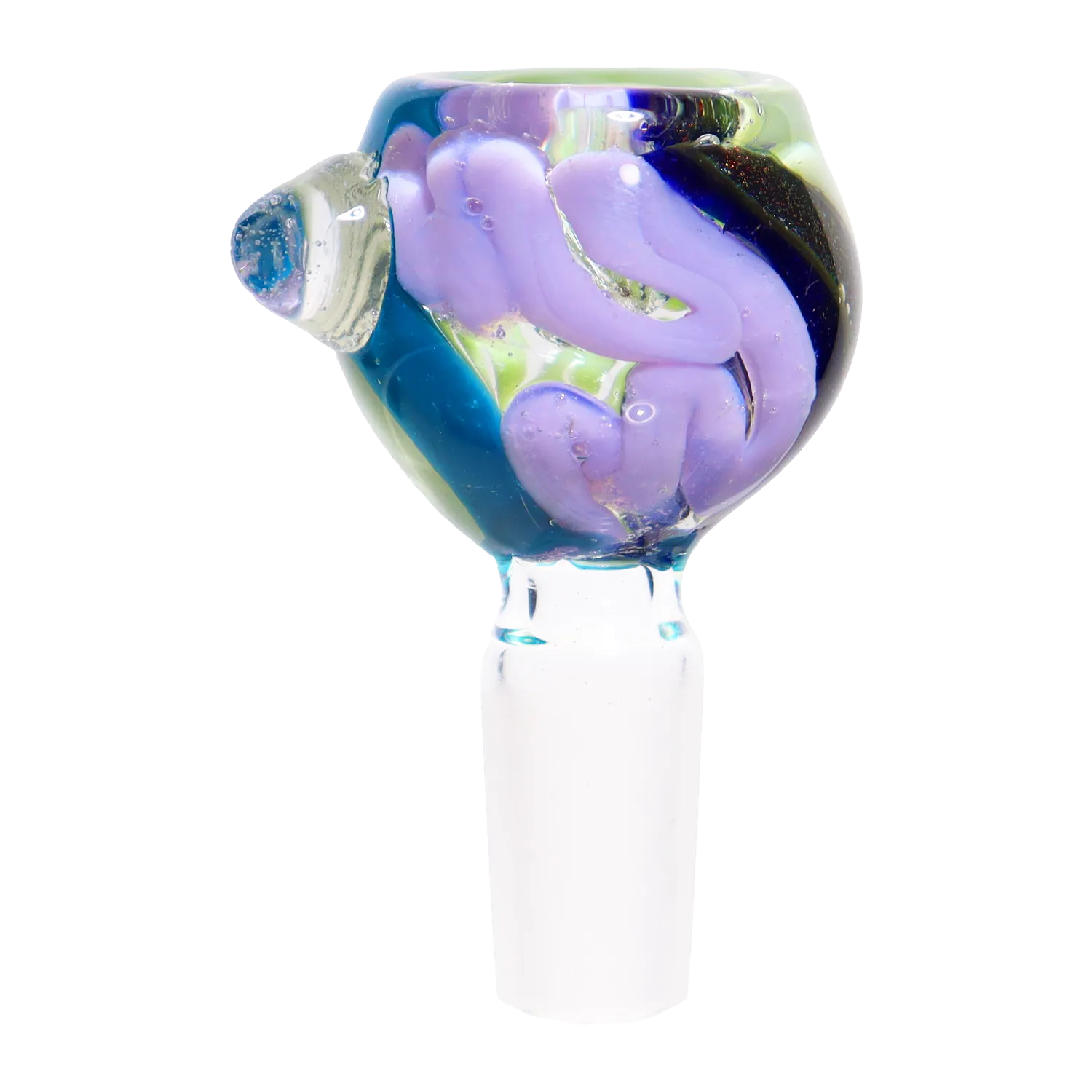 Close-up of the DHC Dichro Slime Swirl Bowl - 14mm showing a rounded glass bowl with lavender swirl ribbons and deep blue accents on a white background.
