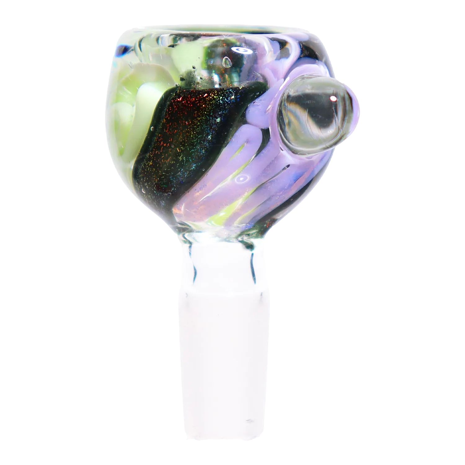 Close-up front view of the DHC Dichro Slime Swirl Bowl - 14mm showing iridescent purple swirls and a glittery black inlay.