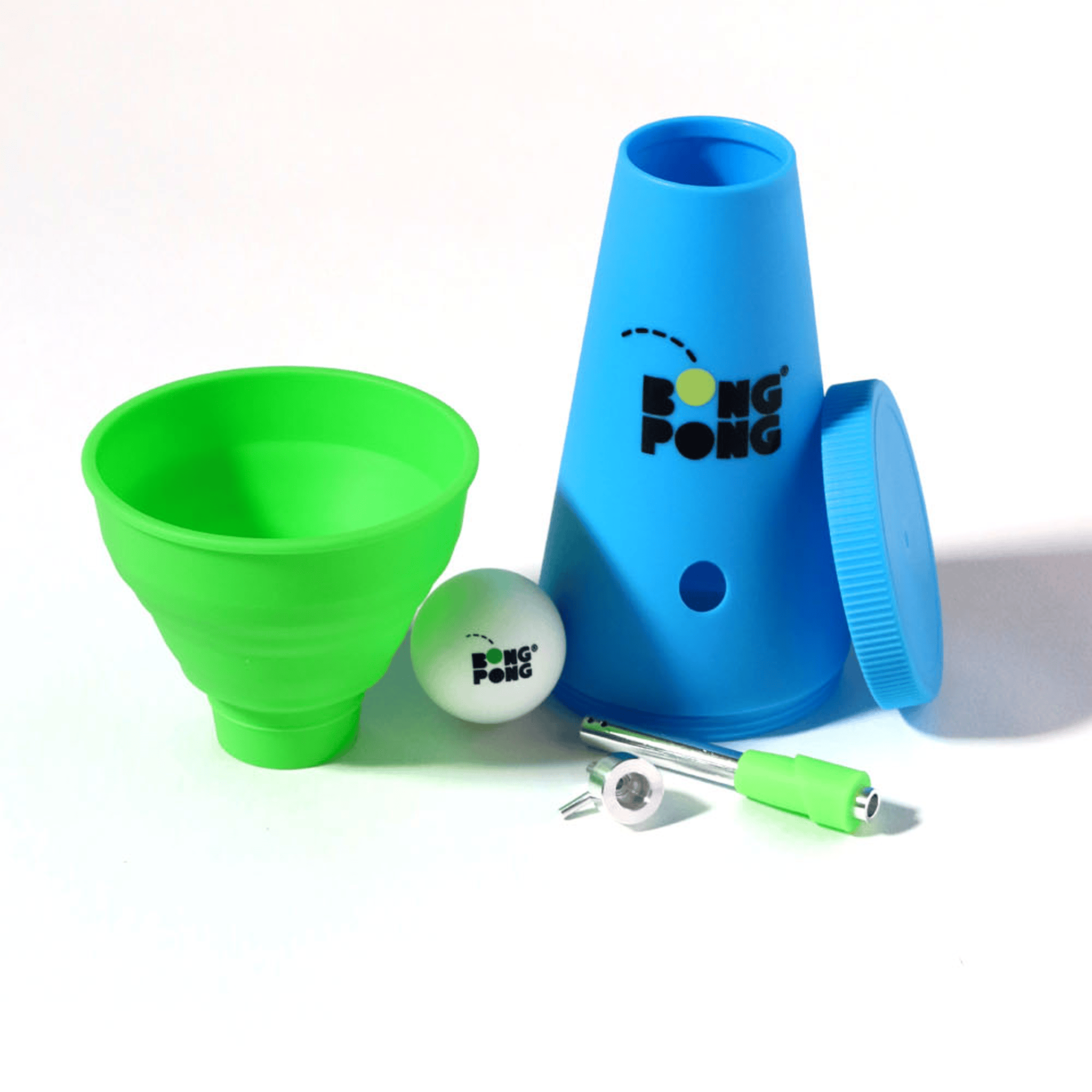 Close-up of a green cup, white ball, and blue cone with the Bong Pong OG logo arranged on a white background.