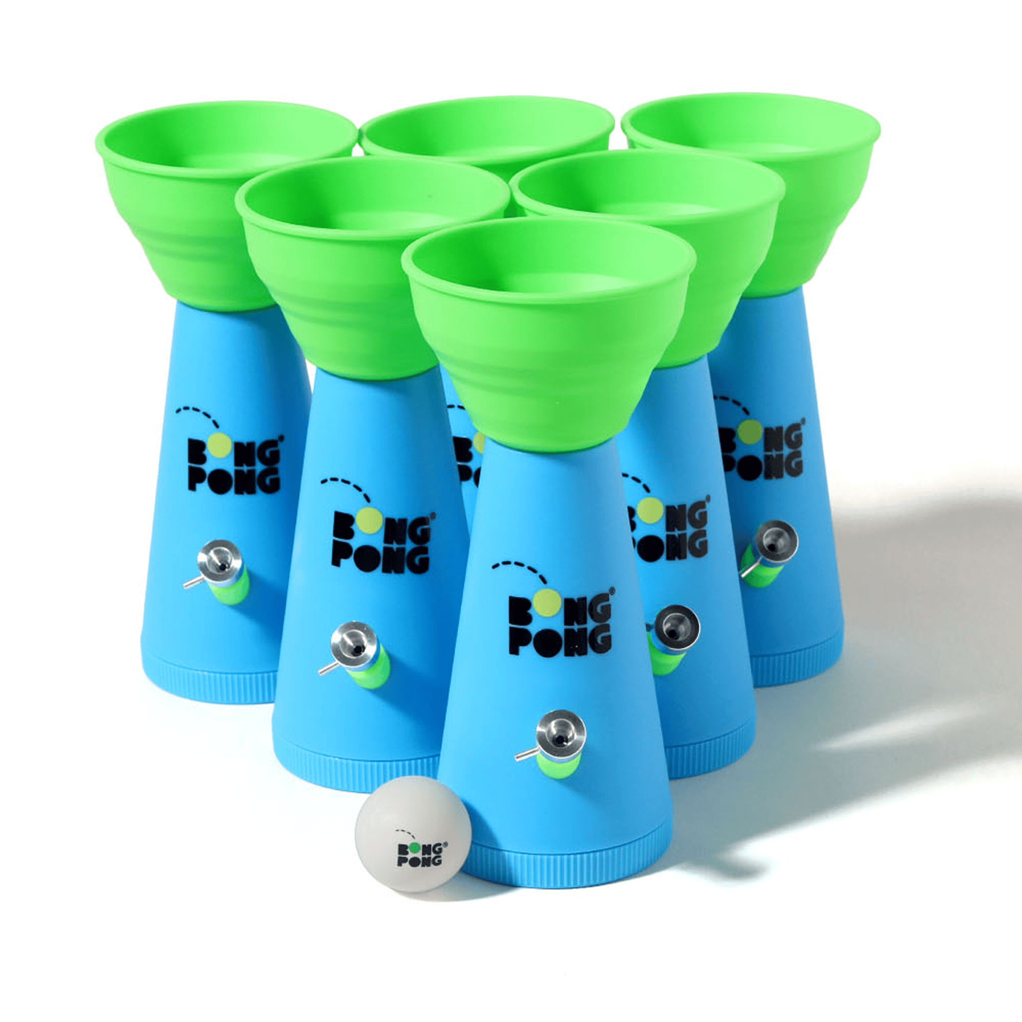 Angled close-up of a cluster of blue cones topped with neon green cups and a ping pong ball, showing the Bong Pong OG logo.