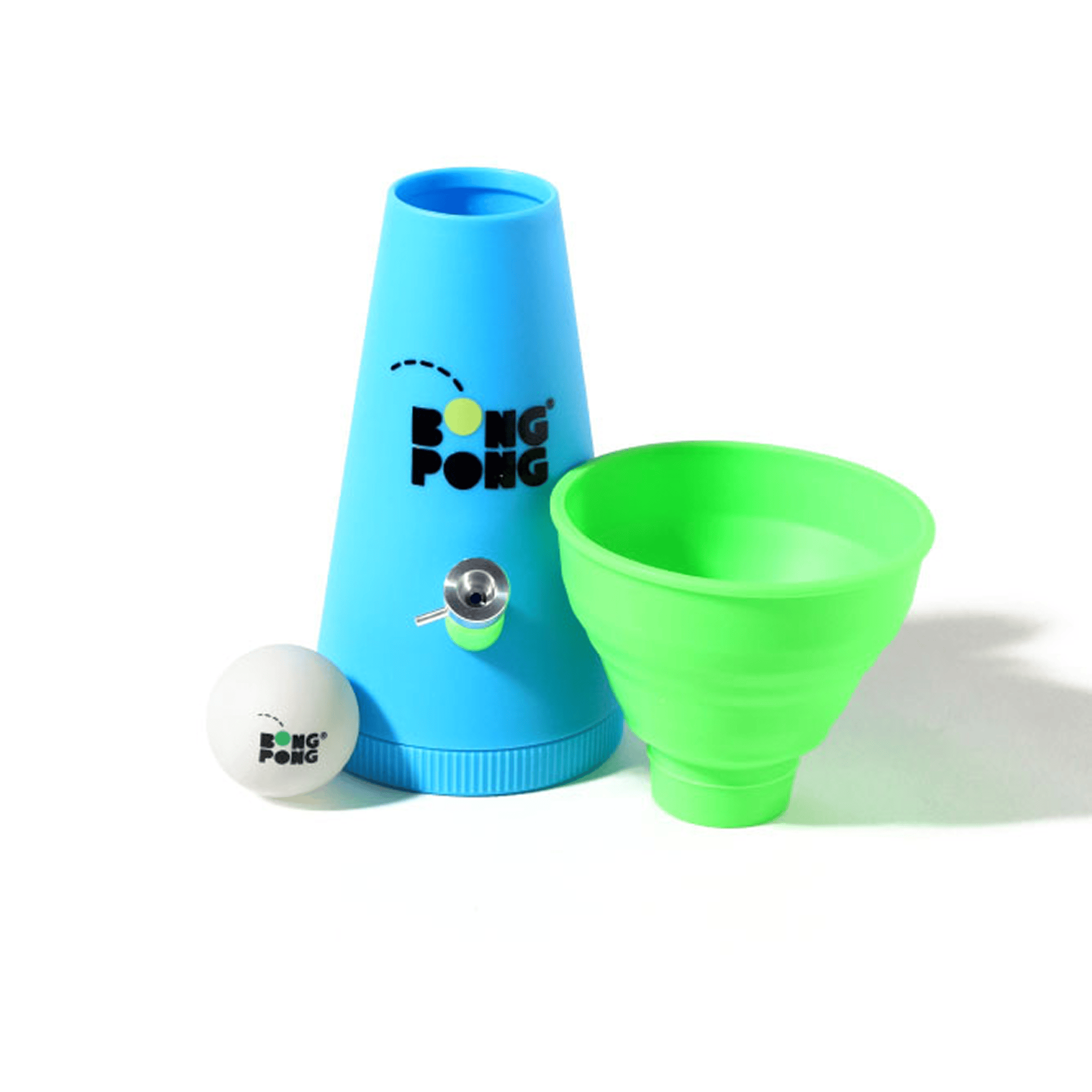 Close-up front view of a blue cone and green cup set with a ping-pong ball, labeled Bong Pong OG.