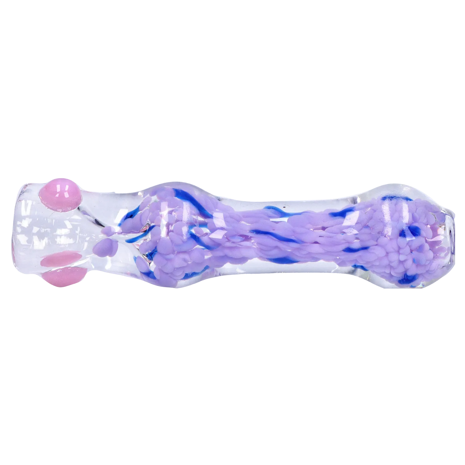 Side view of the clear DHC Frit Cone One Hitter - 3 in. showing twisted lavender and blue frit encased in the glass.