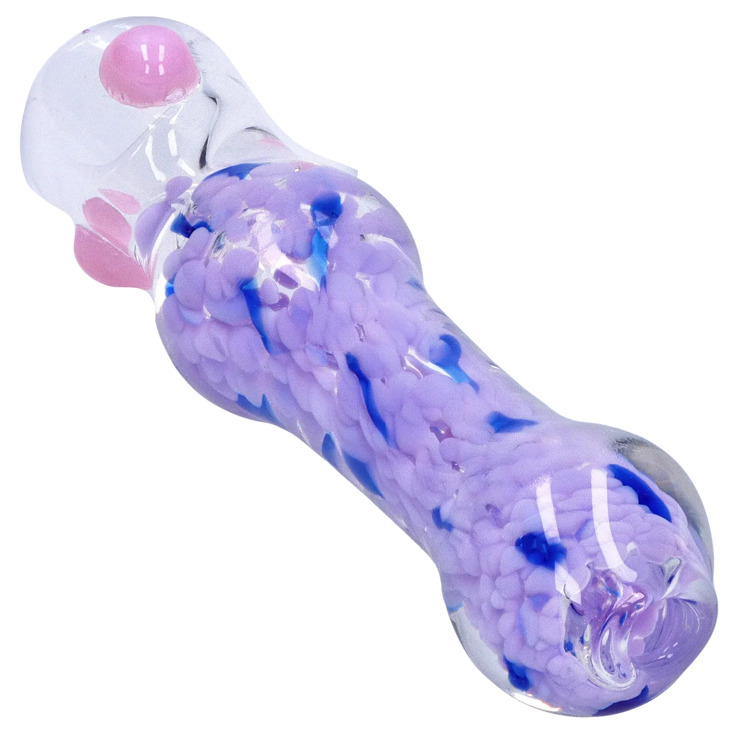 Angled close-up of the DHC Frit Cone One Hitter - 3 in. showing its clear glass body with textured lavender and blue frit patterns and a pink carb.