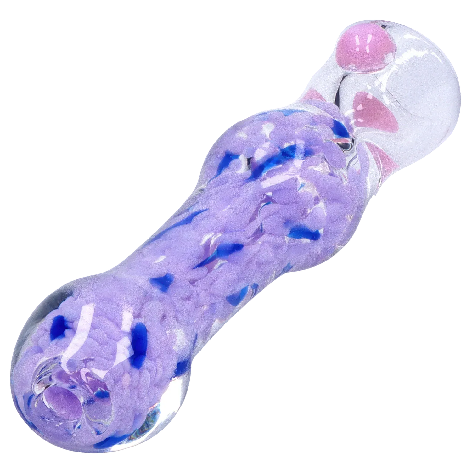 Angled close-up of the DHC Frit Cone One Hitter - 3 in., showing its clear glass body filled with swirled lavender and blue frit and a rounded pink-tipped mouthpiece