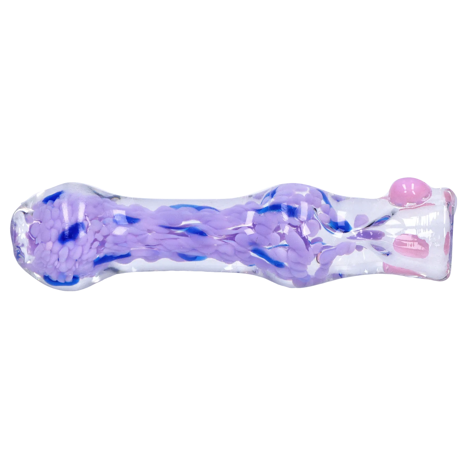 Side-on view of the clear DHC Frit Cone One Hitter - 3 in. showing internal twisted purple and blue frit strands and a rounded bowl end.