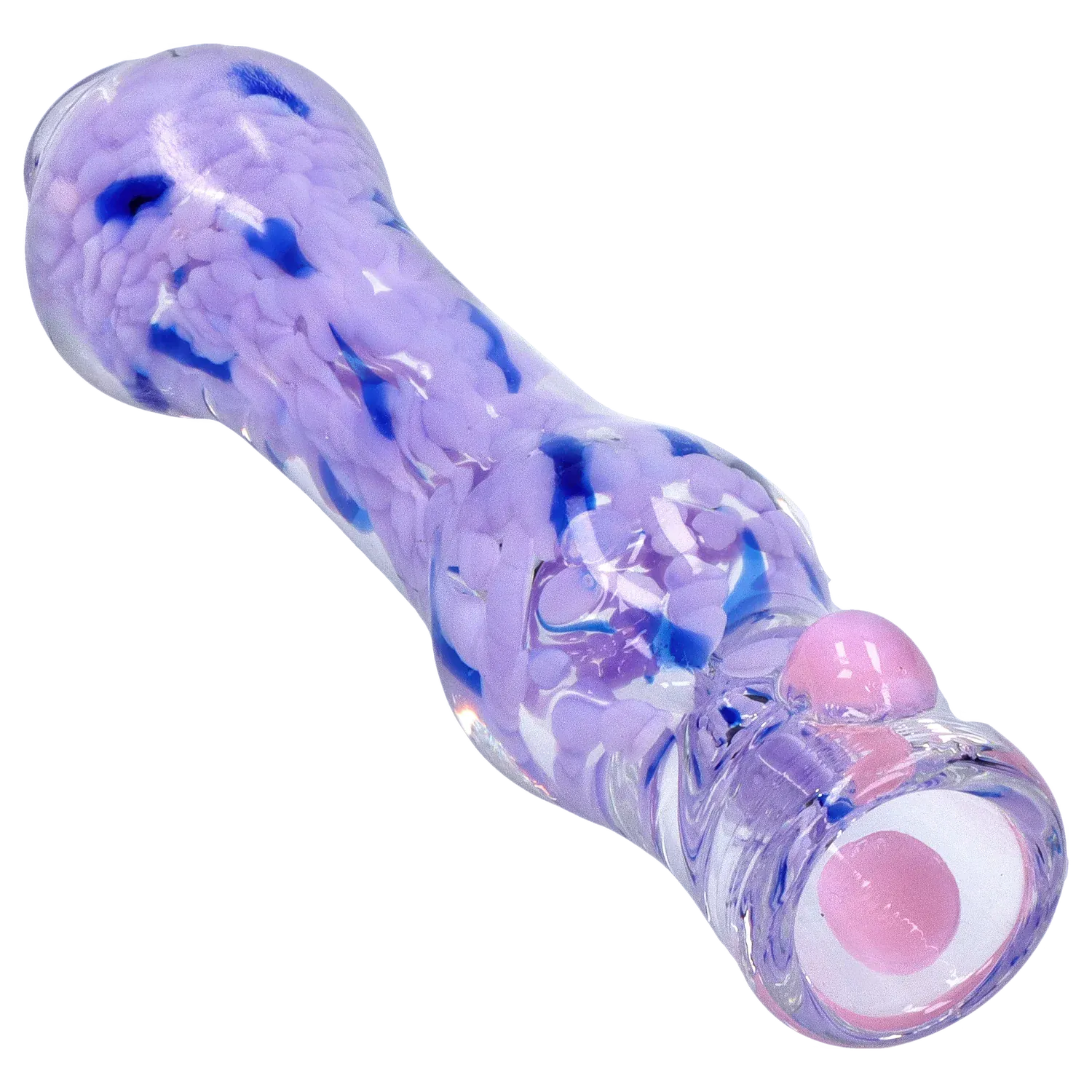 Angled close-up of the DHC Frit Cone One Hitter - 3 in. showing its lavender and blue frit pattern inside clear glass with a pink dot end.