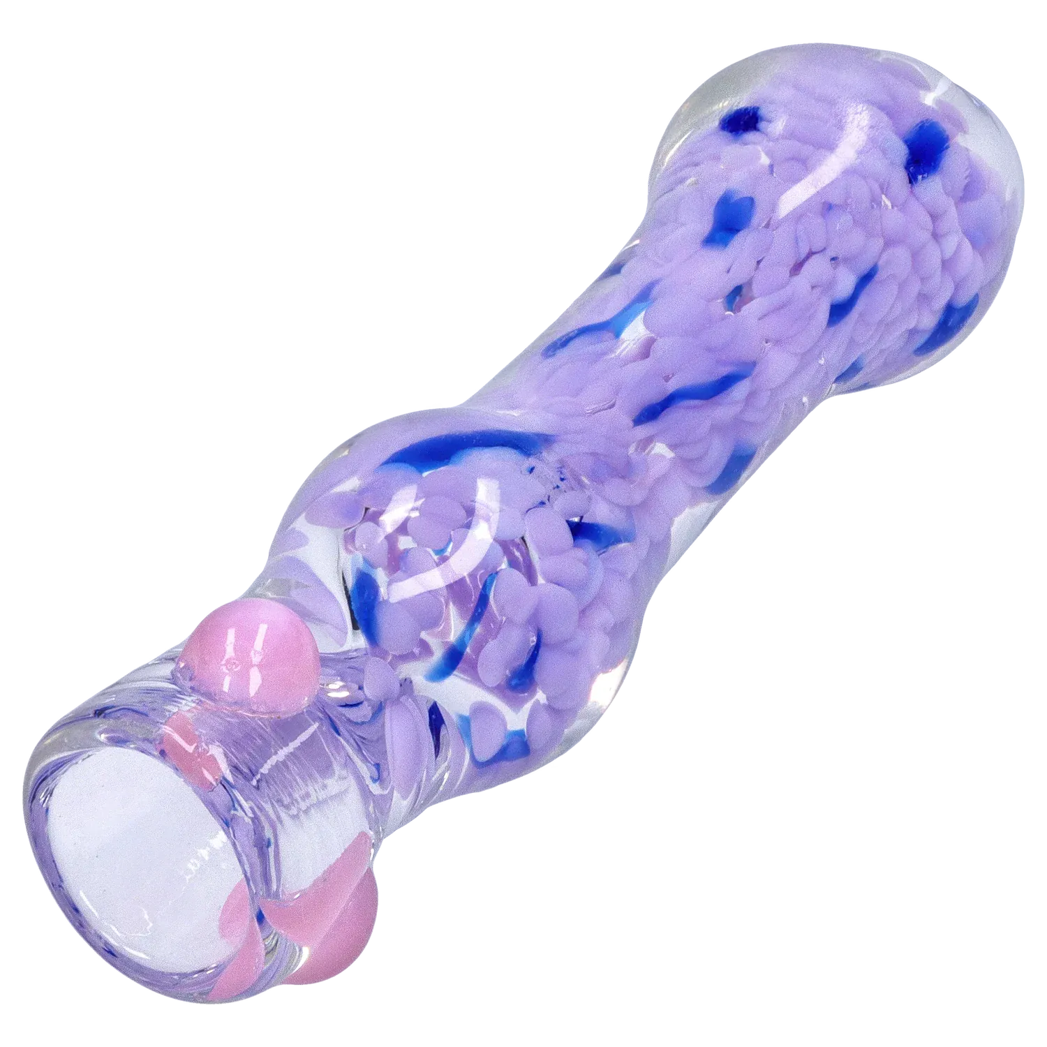 Close-up diagonal view of the DHC Frit Cone One Hitter - 3 in. showing a clear glass tube filled with twisted lavender frit and scattered blue accents.