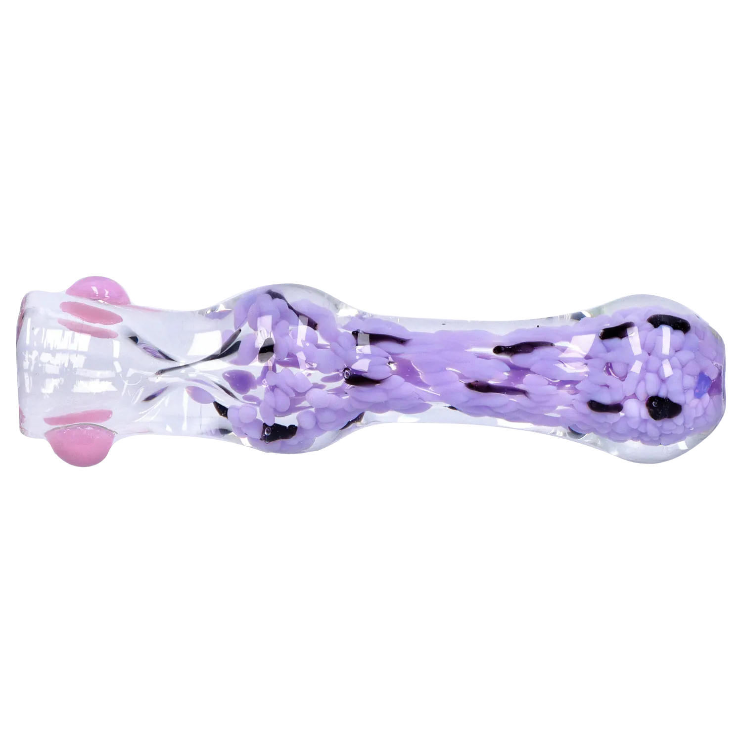 Side-on view of the clear glass DHC Frit Cone One Hitter - 3 in. showing twisted pale purple frit and black accents running through its length.