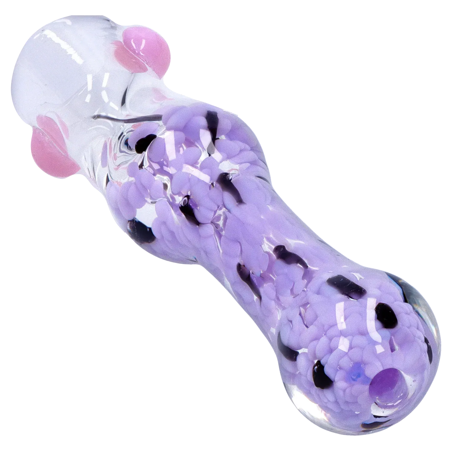 Angled close-up of the DHC Frit Cone One Hitter - 3 in. showing a clear glass tube filled with clustered lavender frit and pink glass accents.