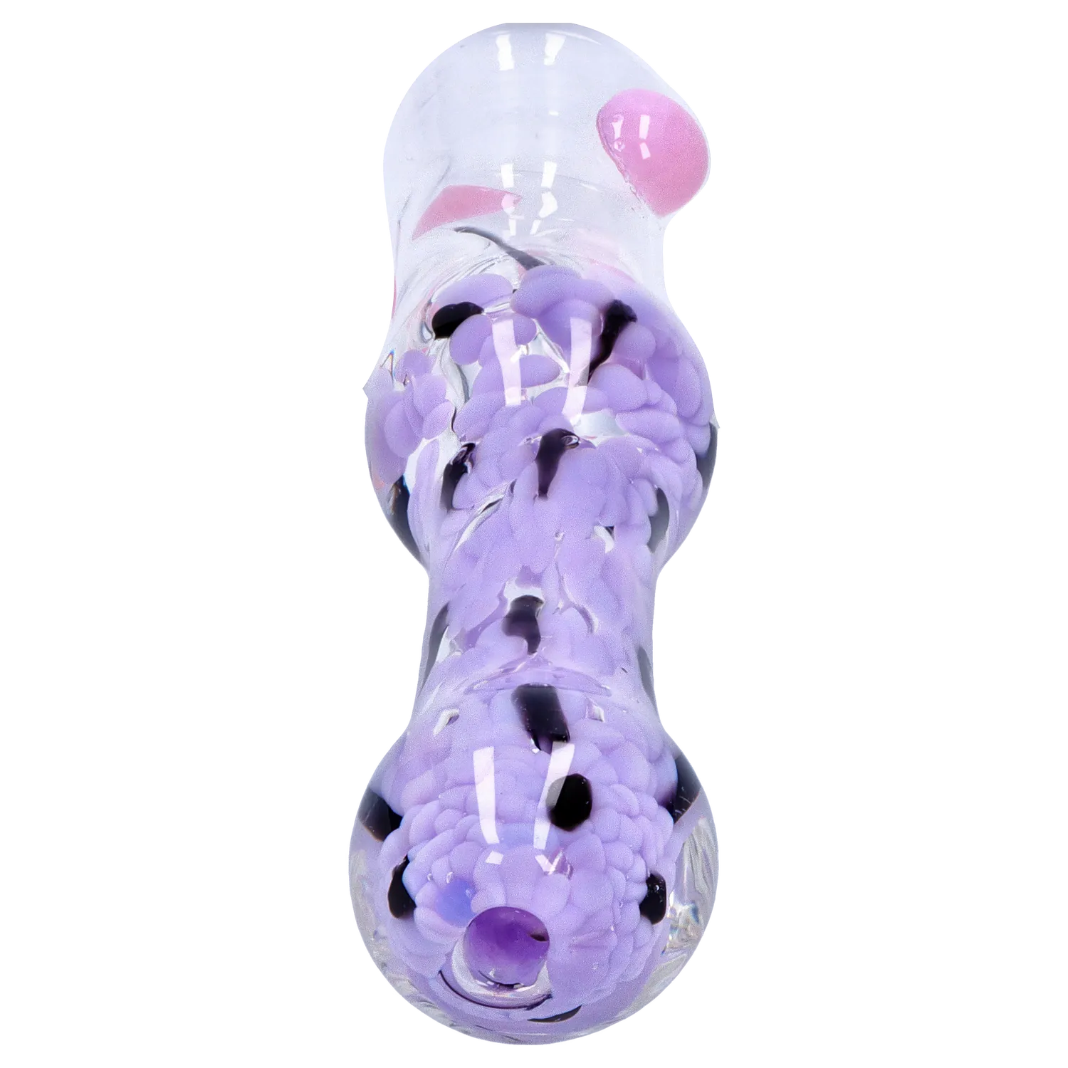 Top-down close-up of the DHC Frit Cone One Hitter - 3 in. showing a clear glass tube with clustered lavender frit and black speckles under bright white lighting