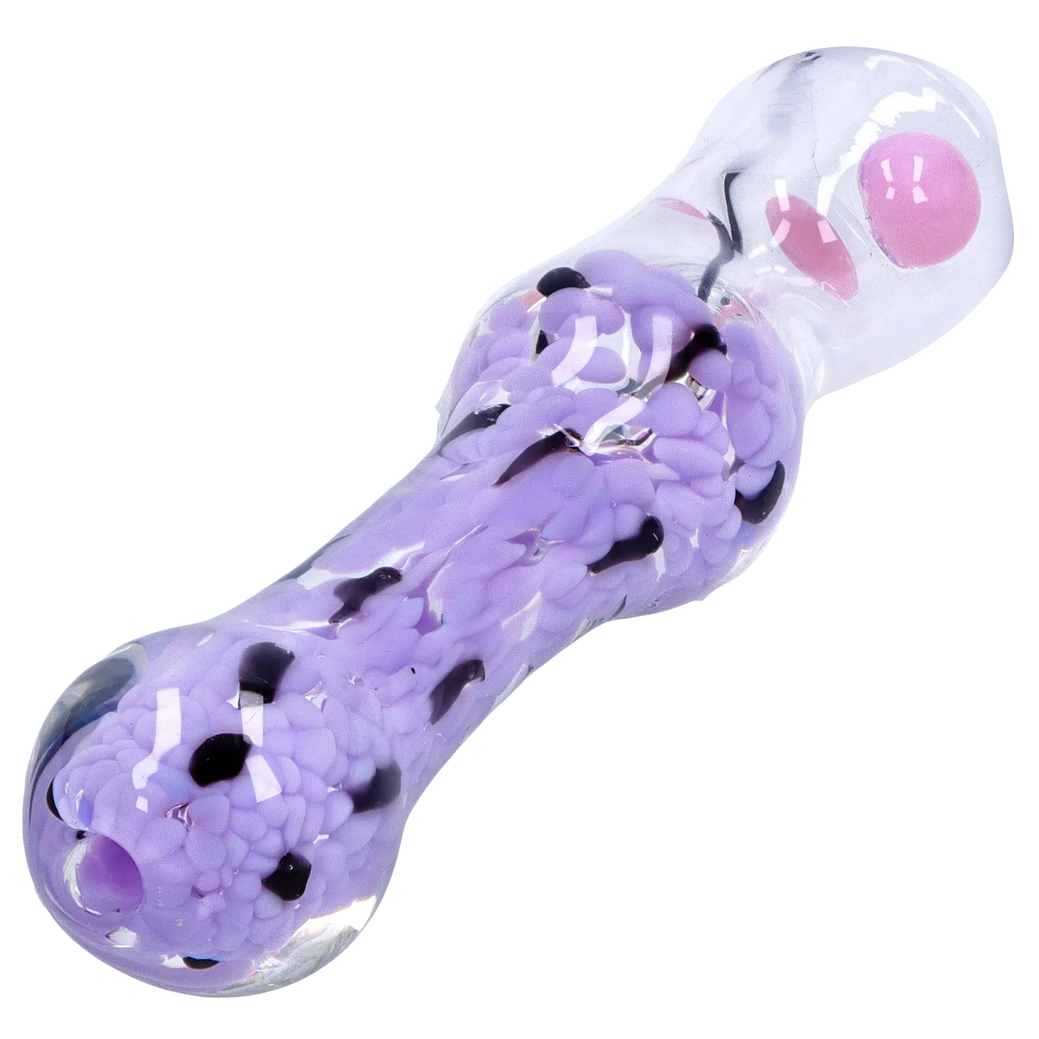 Angled close-up of the DHC Frit Cone One Hitter - 3 in. showing a lavender fritted glass body with black flecks and a clear rounded mouthpiece.