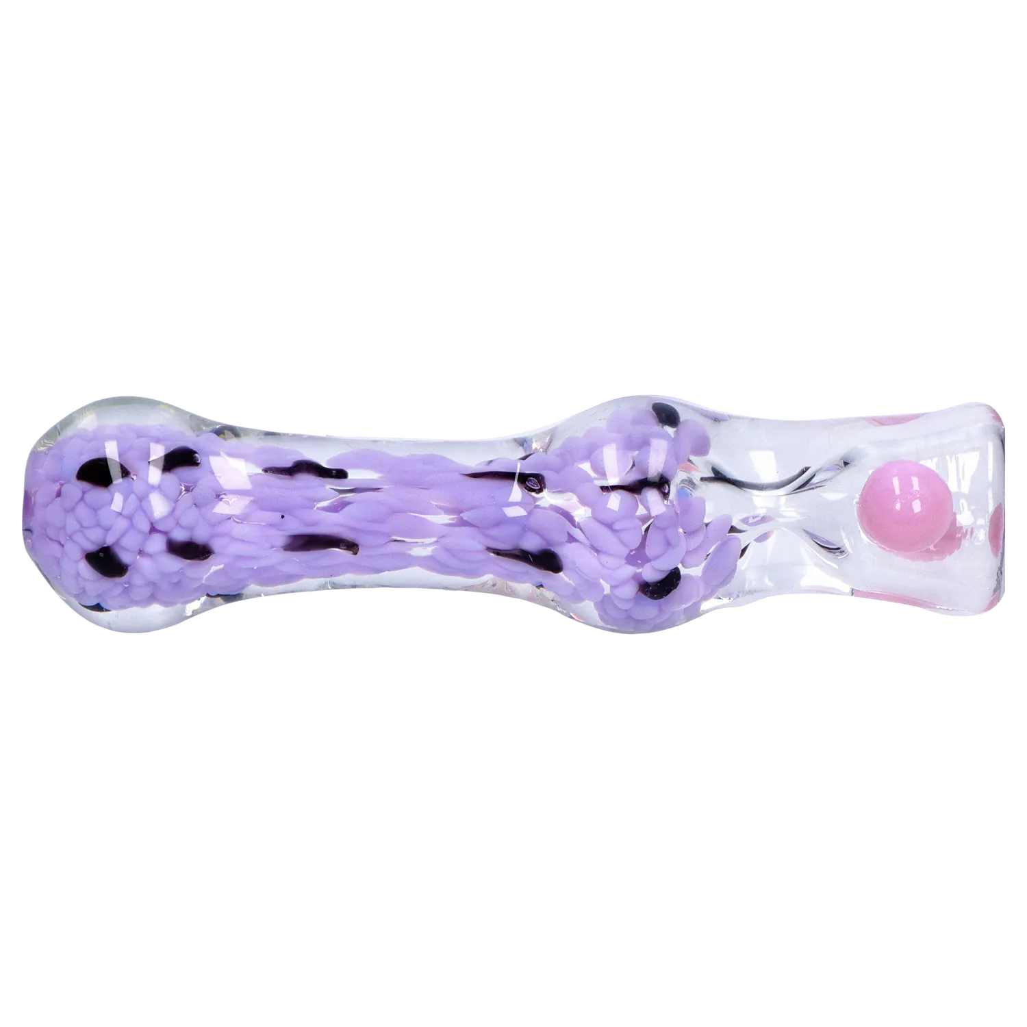 Side-on view of the DHC Frit Cone One Hitter - 3 in., a clear glass tube filled with twisted lavender frit and black specks, shown on white.