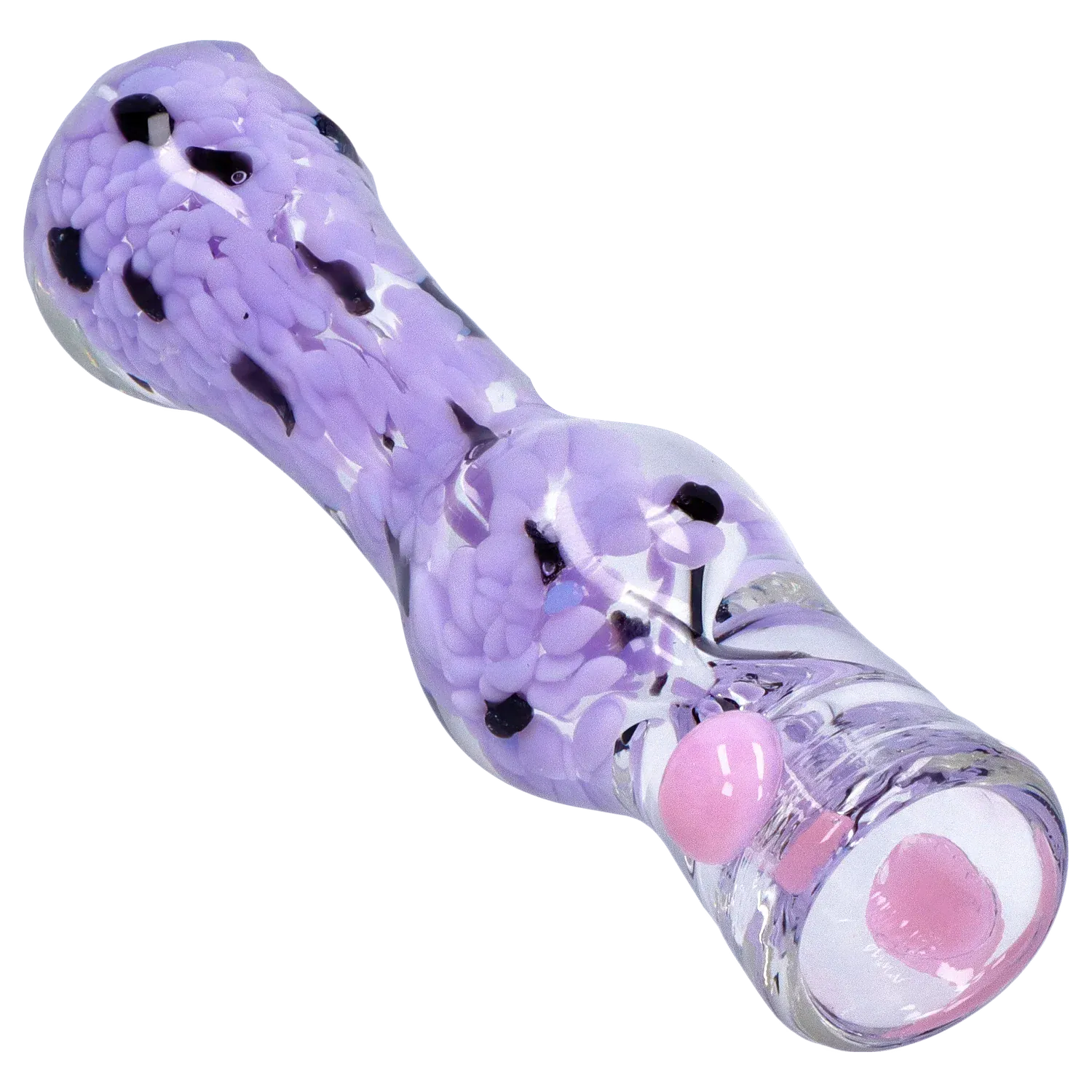 Angled close-up of the purple-speckled glass DHC Frit Cone One Hitter - 3 in., showing textured frit details and pink glass accents.