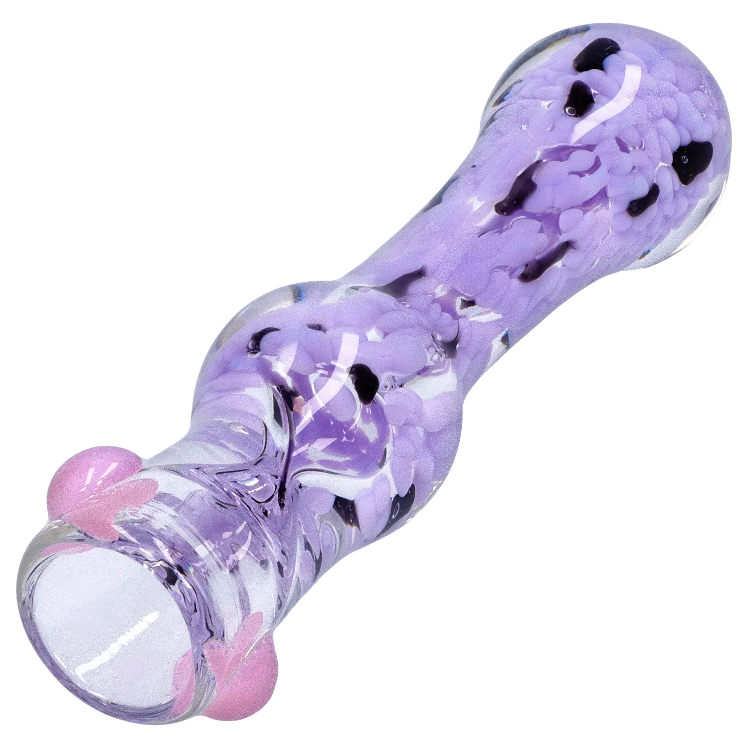 Angled close-up of the purple-speckled glass DHC Frit Cone One Hitter - 3 in., showing its rounded bowl and glossy surface.