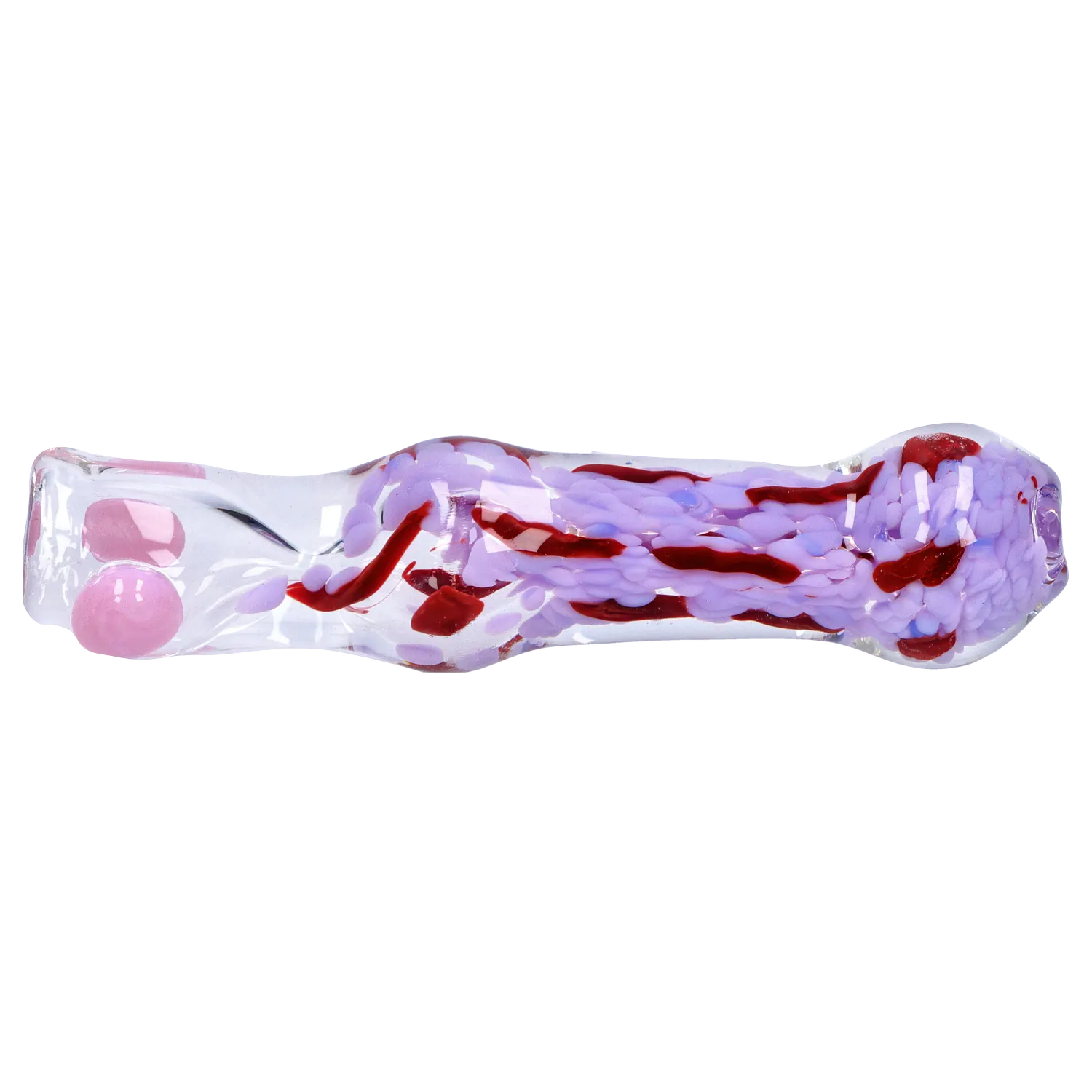 Side view of the DHC Frit Cone One Hitter - 3 in. glass piece with pink and red frit swirls inside a clear tubular body.