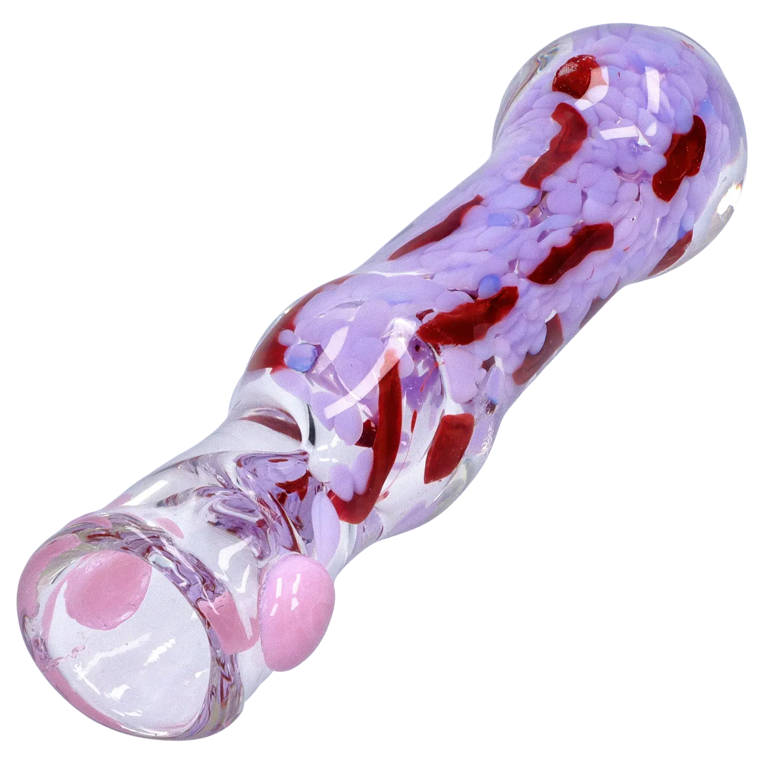 Angled close-up of the DHC Frit Cone One Hitter - 3 in. showing its clear glass body with lavender frit and red streaks under bright studio lighting