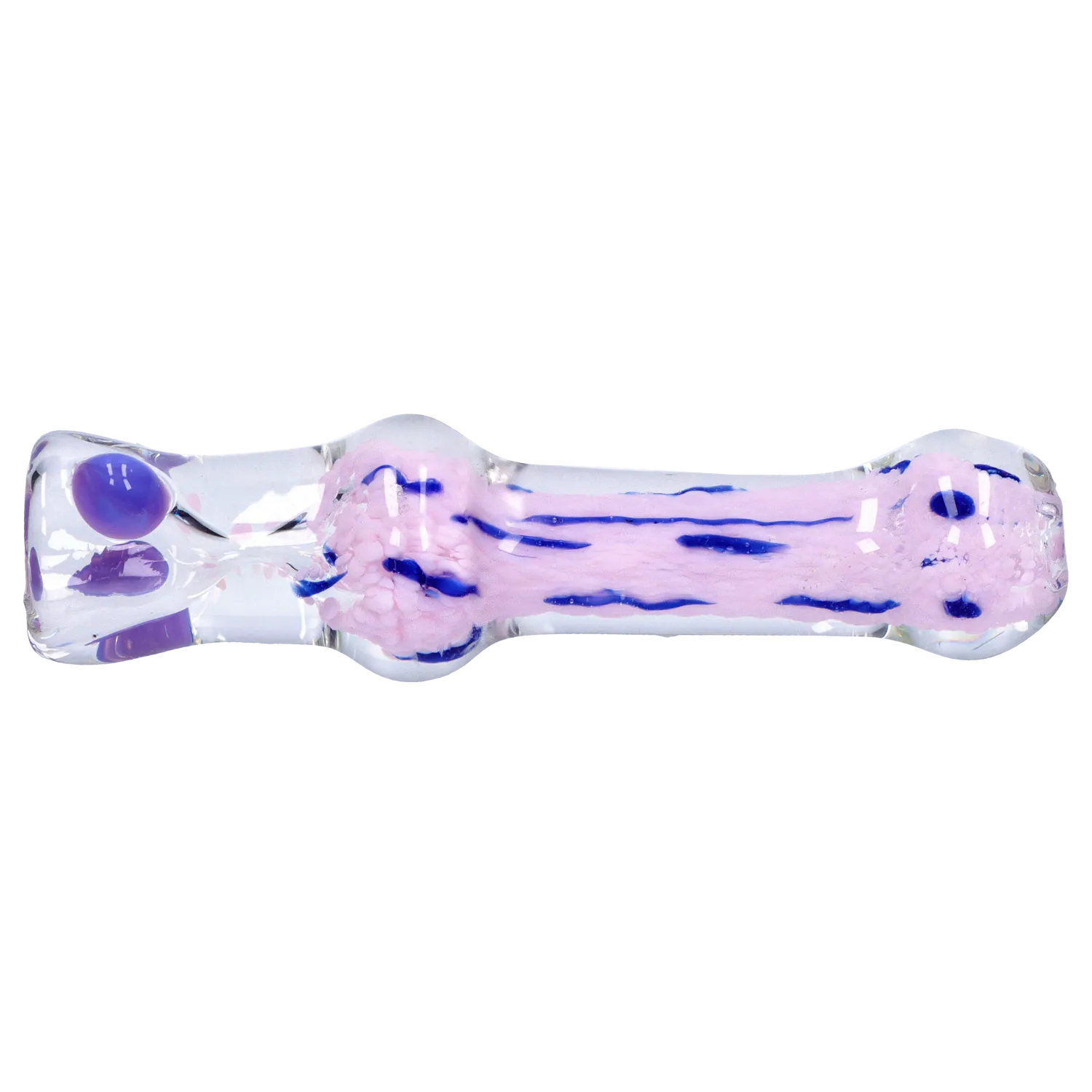 Top-down view of the DHC Frit Cone One Hitter - 3 in. showing a clear glass tube with pink frit core and thin blue streaks inside.