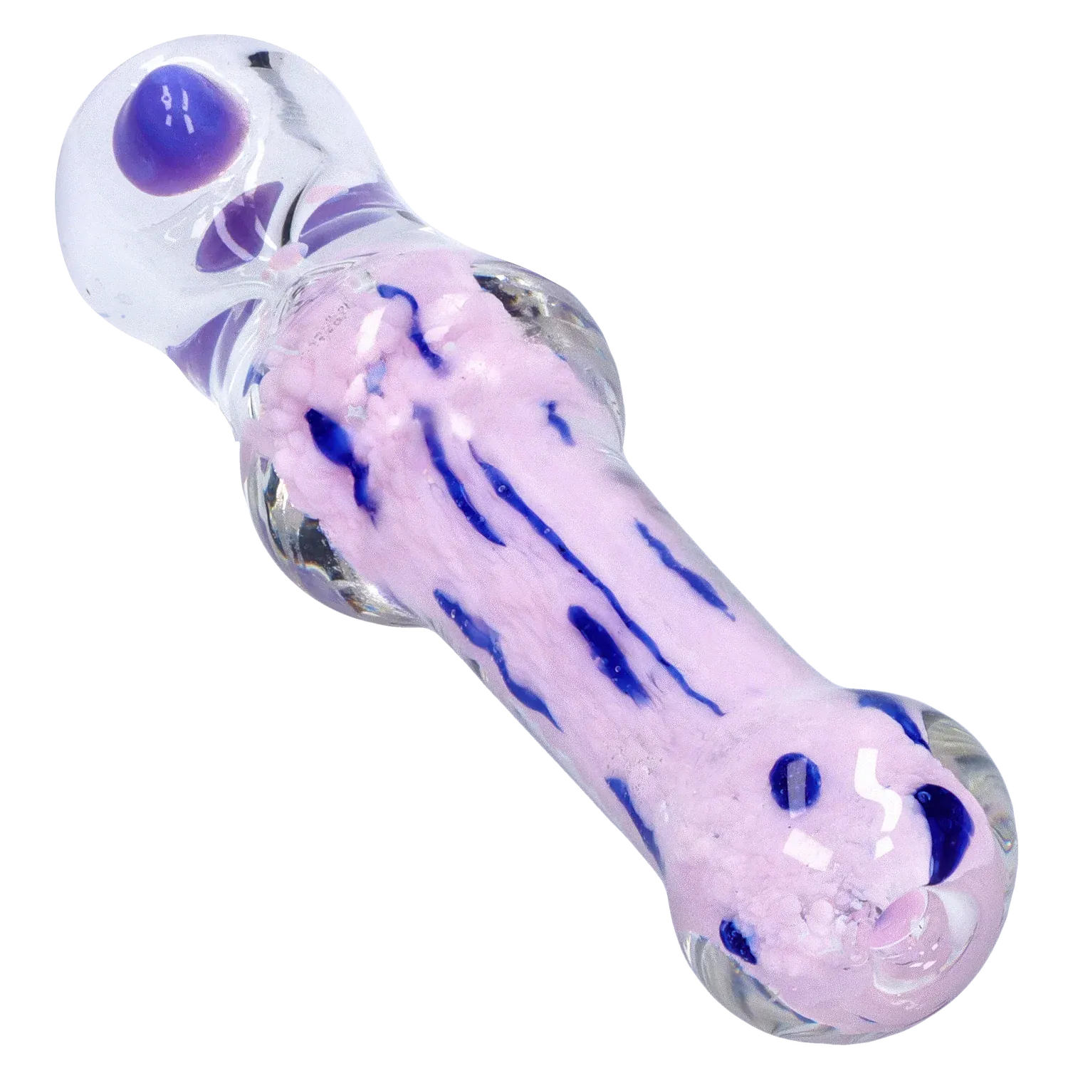 Angled close-up of the DHC Frit Cone One Hitter - 3 in. showing its purple and pink frit pattern encased in clear glass.