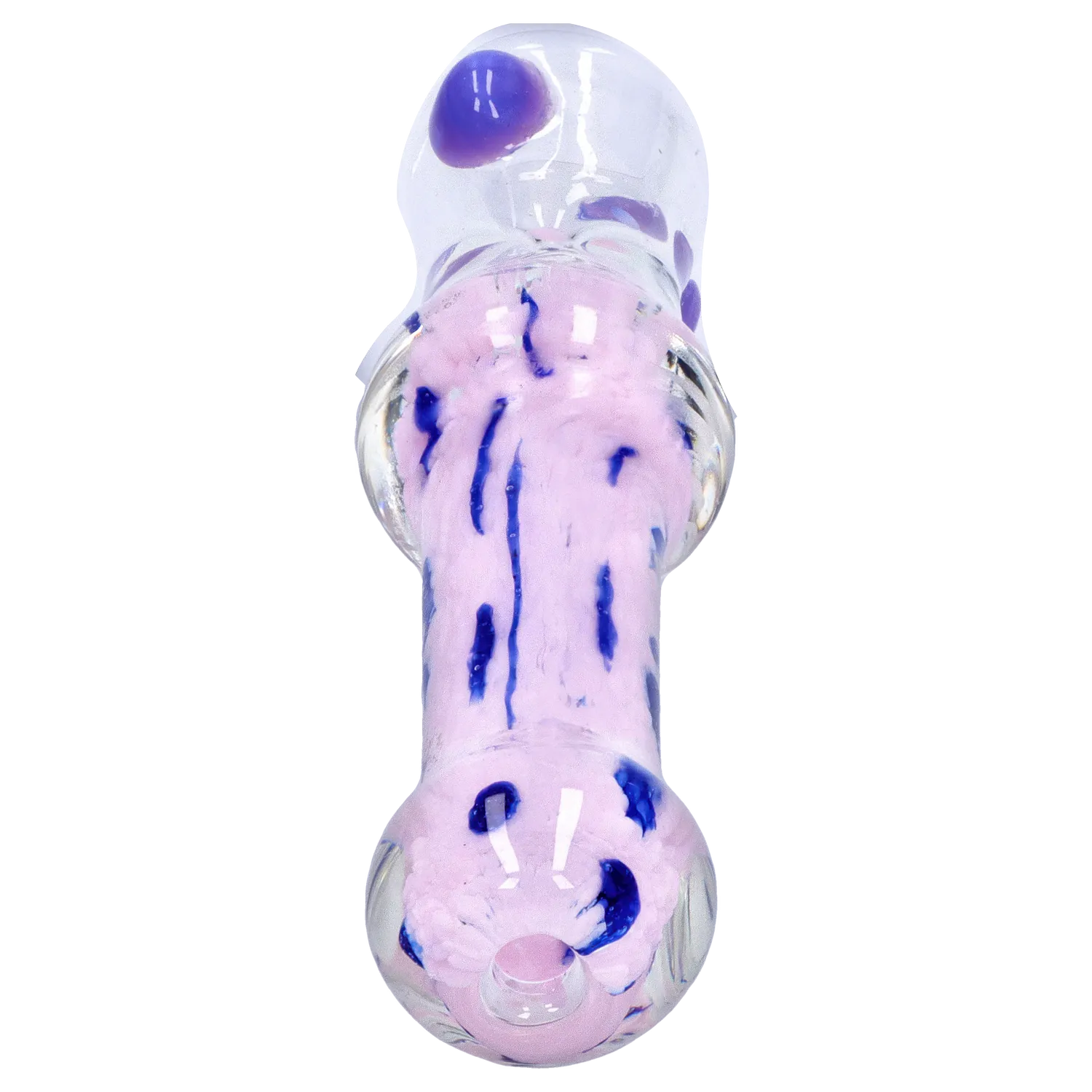 Top-down close-up of the DHC Frit Cone One Hitter - 3 in., showing a pink glass body with blue frit streaks and a clear rounded mouthpiece.