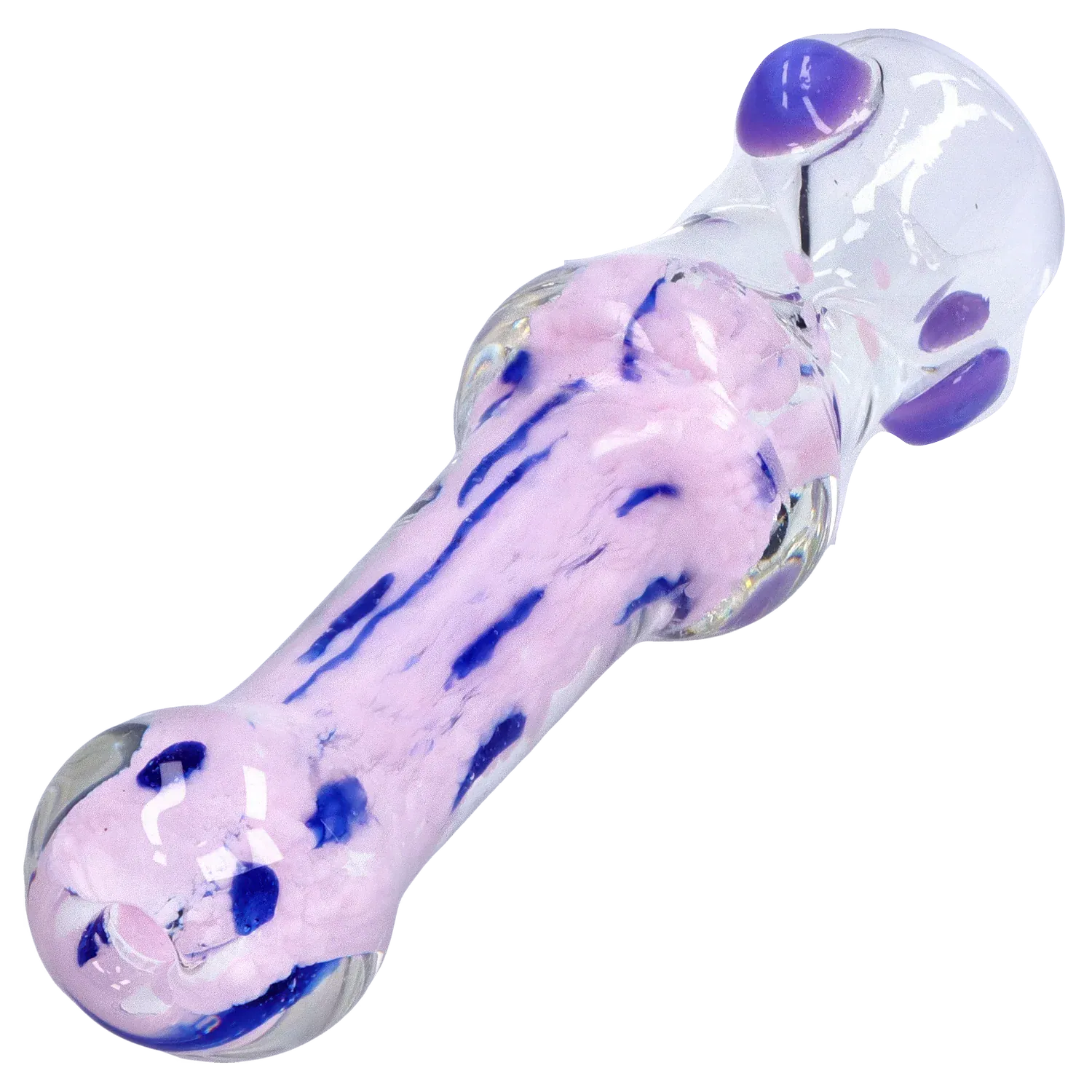 Angled close-up of the DHC Frit Cone One Hitter - 3 in. showing a pale pink glass body with streaked blue frit and rounded clear purple-accented nodules.