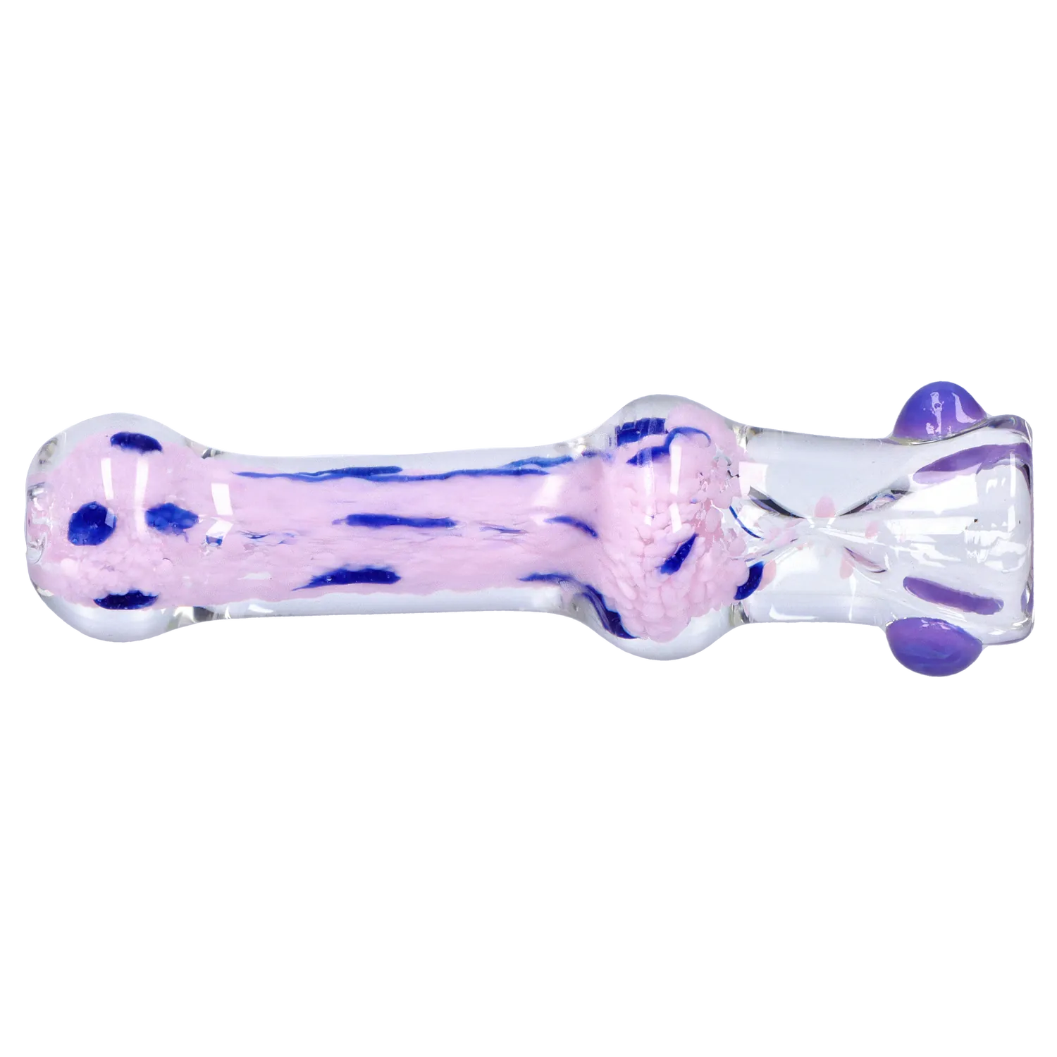 Side-on view of the DHC Frit Cone One Hitter - 3 in., a clear glass tube with pink frit and dark blue streaks against a white background