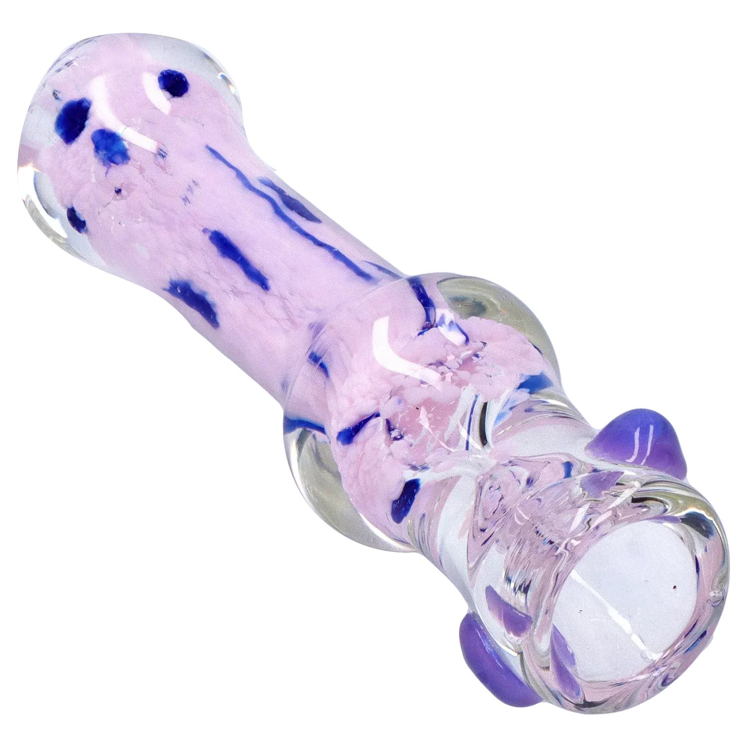 Angled close-up of the DHC Frit Cone One Hitter - 3 in. showing its pale pink glass body with blue frit accents and rounded clear ends.