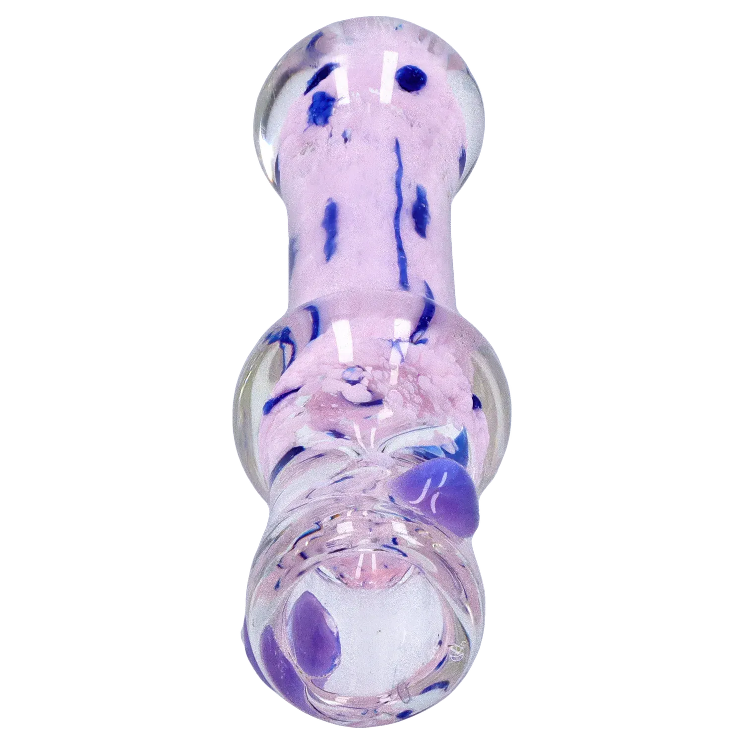 Top-down close-up of the pink-and-blue swirled DHC Frit Cone One Hitter - 3 in. glass piece showing rounded ends and reflections.