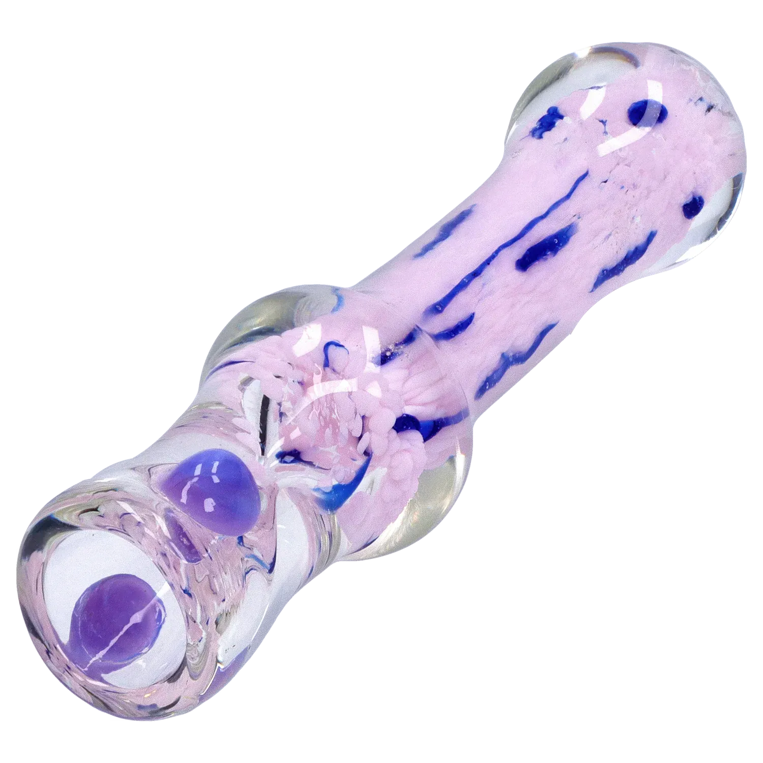 Angled close-up of the DHC Frit Cone One Hitter - 3 in. showing its pink glass body with blue frit streaks and rounded clear ends.