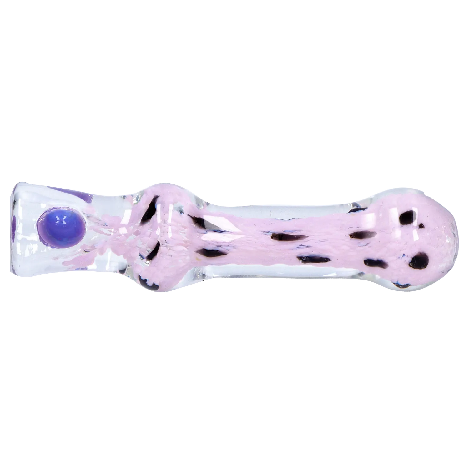Side view of the DHC Frit Cone One Hitter - 3 in. showing a clear glass tube with a pale pink frit core, black speckles and a purple dot near the mouth.