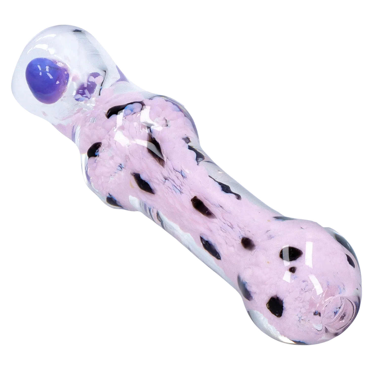 Angled close-up of the DHC Frit Cone One Hitter - 3 in. showing a clear glass body with pink fritted interior and scattered dark spots.