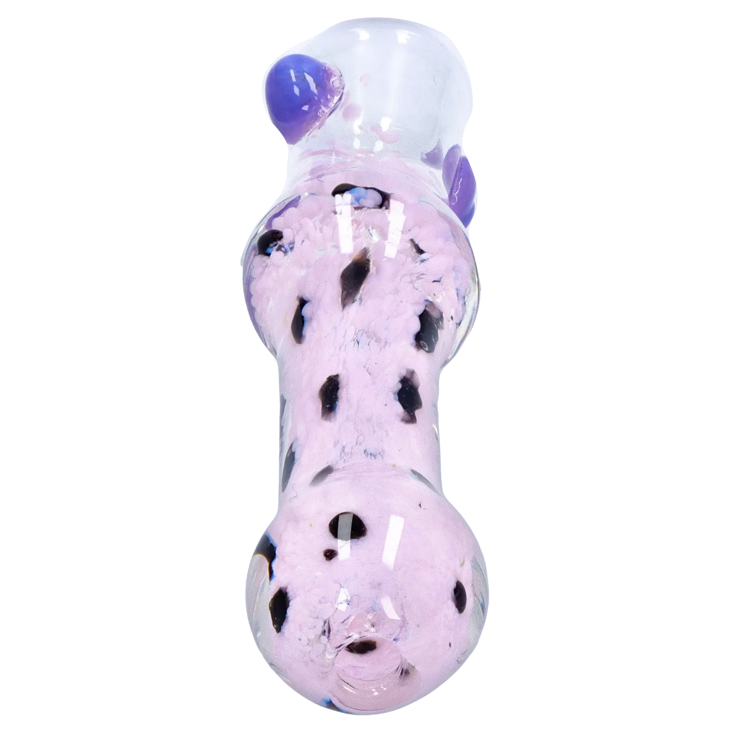 Top-down close-up of the DHC Frit Cone One Hitter - 3 in. showing a pink fritted glass surface with black speckles and purple glass accents.