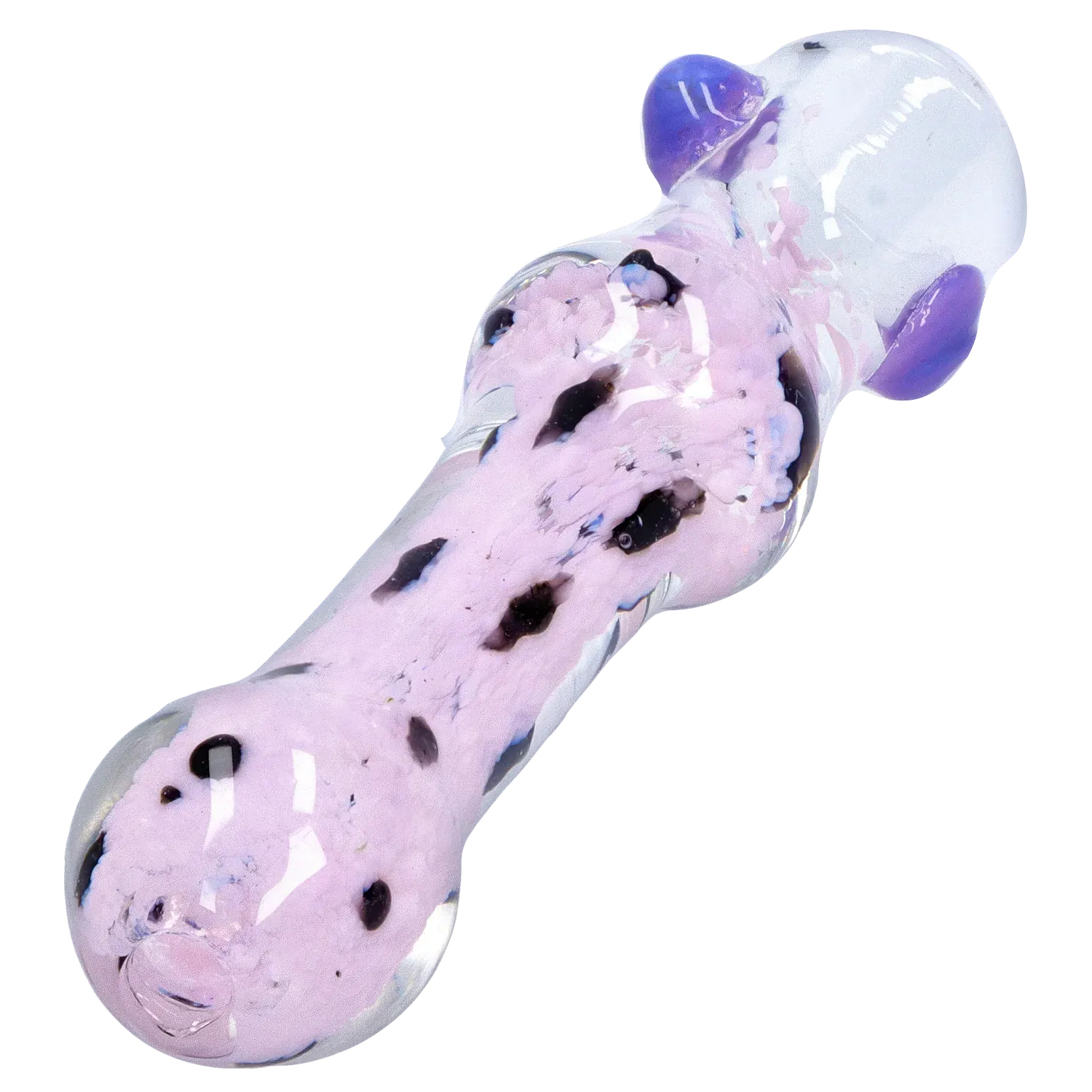 Angled close-up of the DHC Frit Cone One Hitter - 3 in. glass piece showing a pale lavender frit-filled shaft with dark speckles and purple accents against a white background