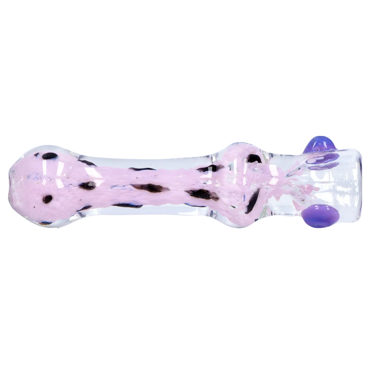 Side view of the DHC Frit Cone One Hitter - 3 in. showing a clear glass tube with a pink frit core and purple glass accents.