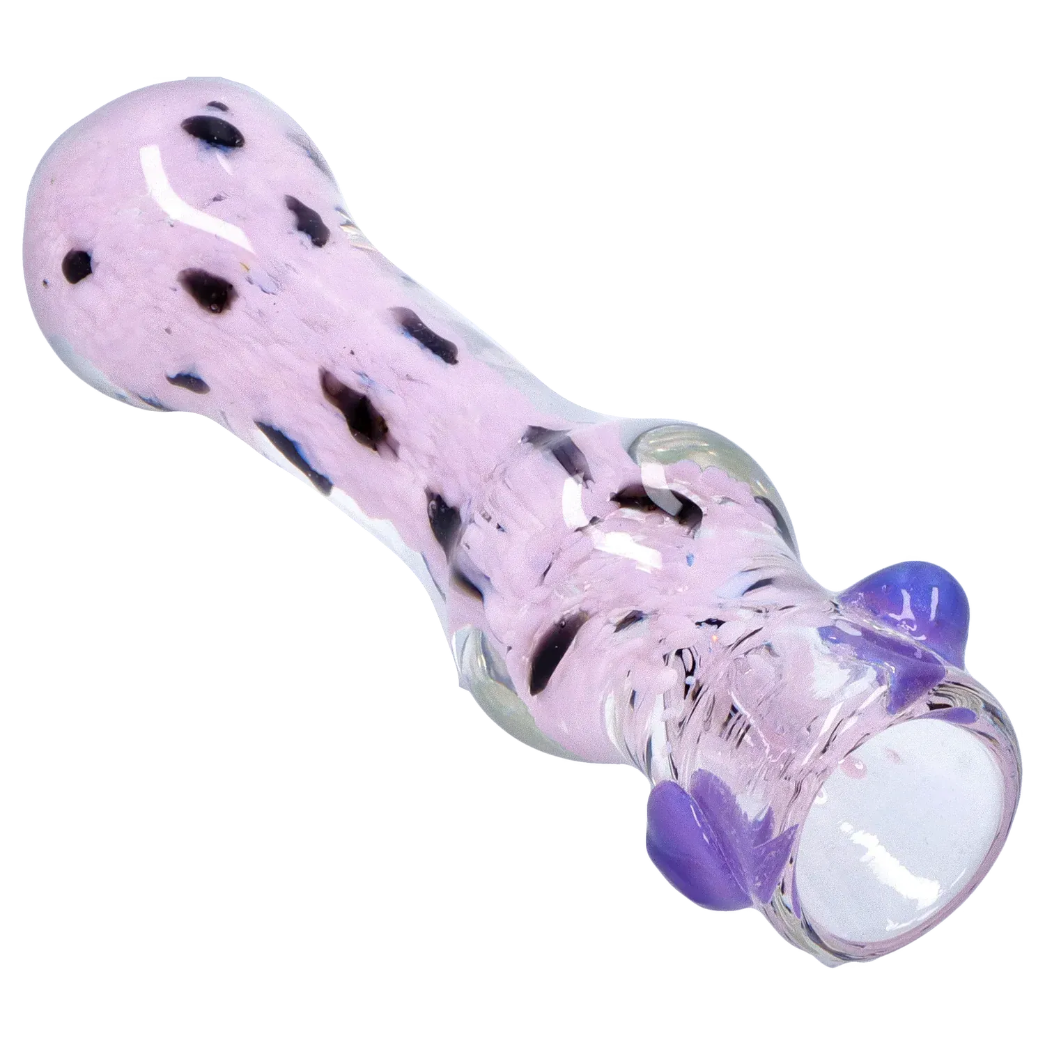 Angled close-up of a pale lavender DHC Frit Cone One Hitter - 3 in. glass piece with dark frit speckles and purple accent knobs.