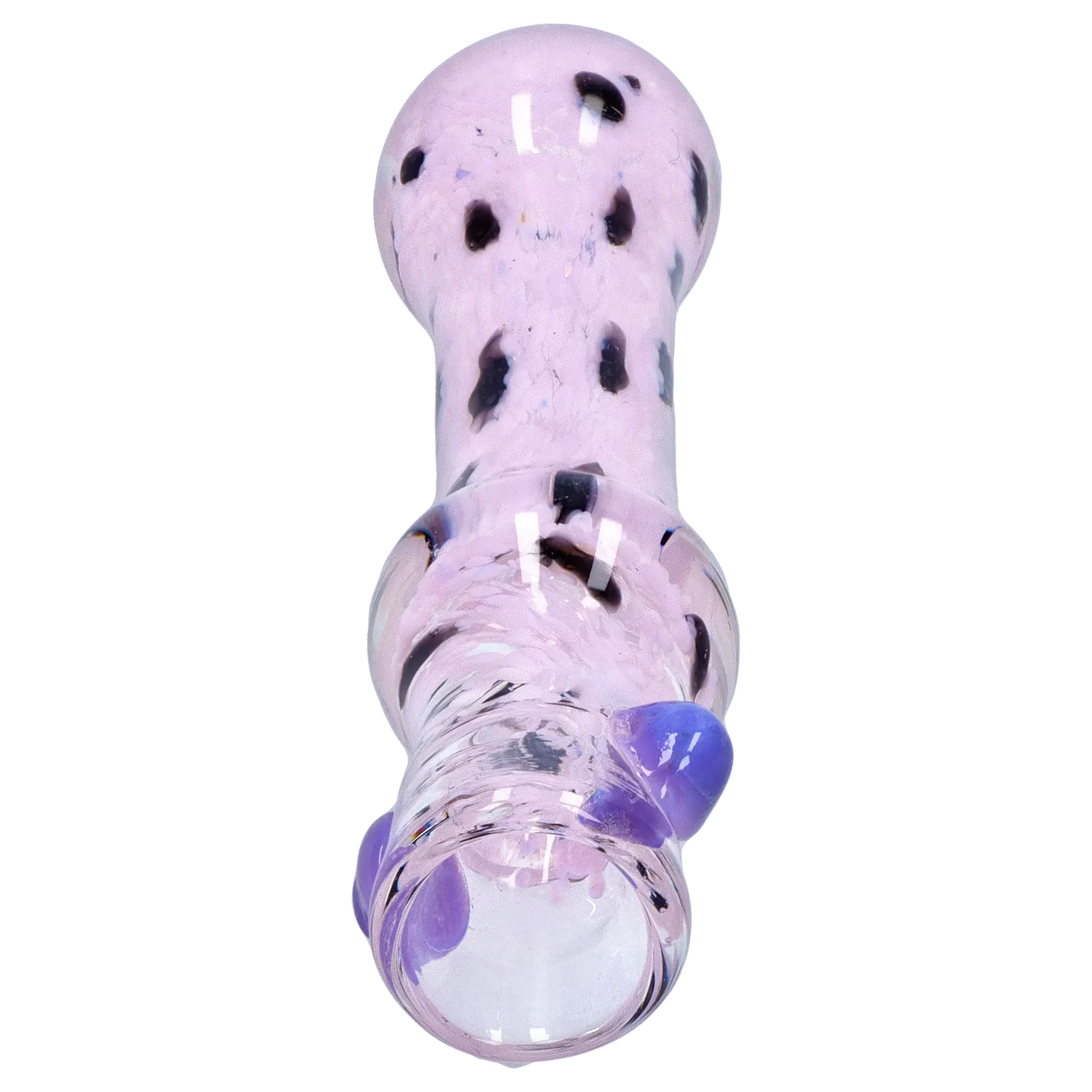 Top-down view of the pink DHC Frit Cone One Hitter - 3 in. showing black frit speckles and raised purple glass dots along its glossy stem